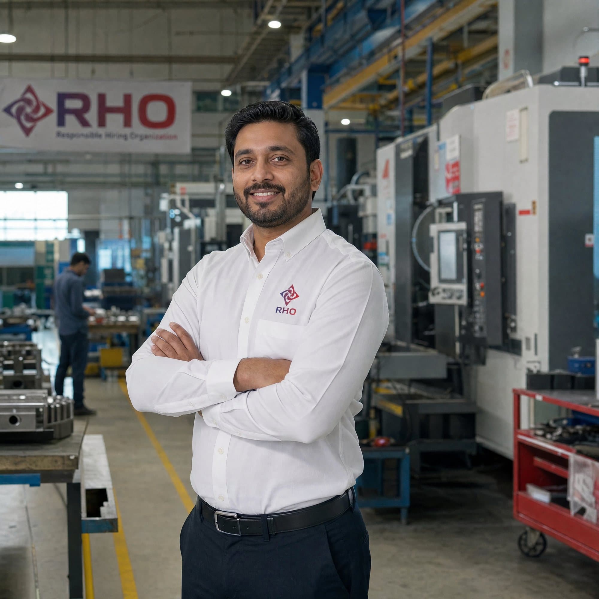 Machinist in a white shirt with arms crossed in front of CNC machines on a factory floor
