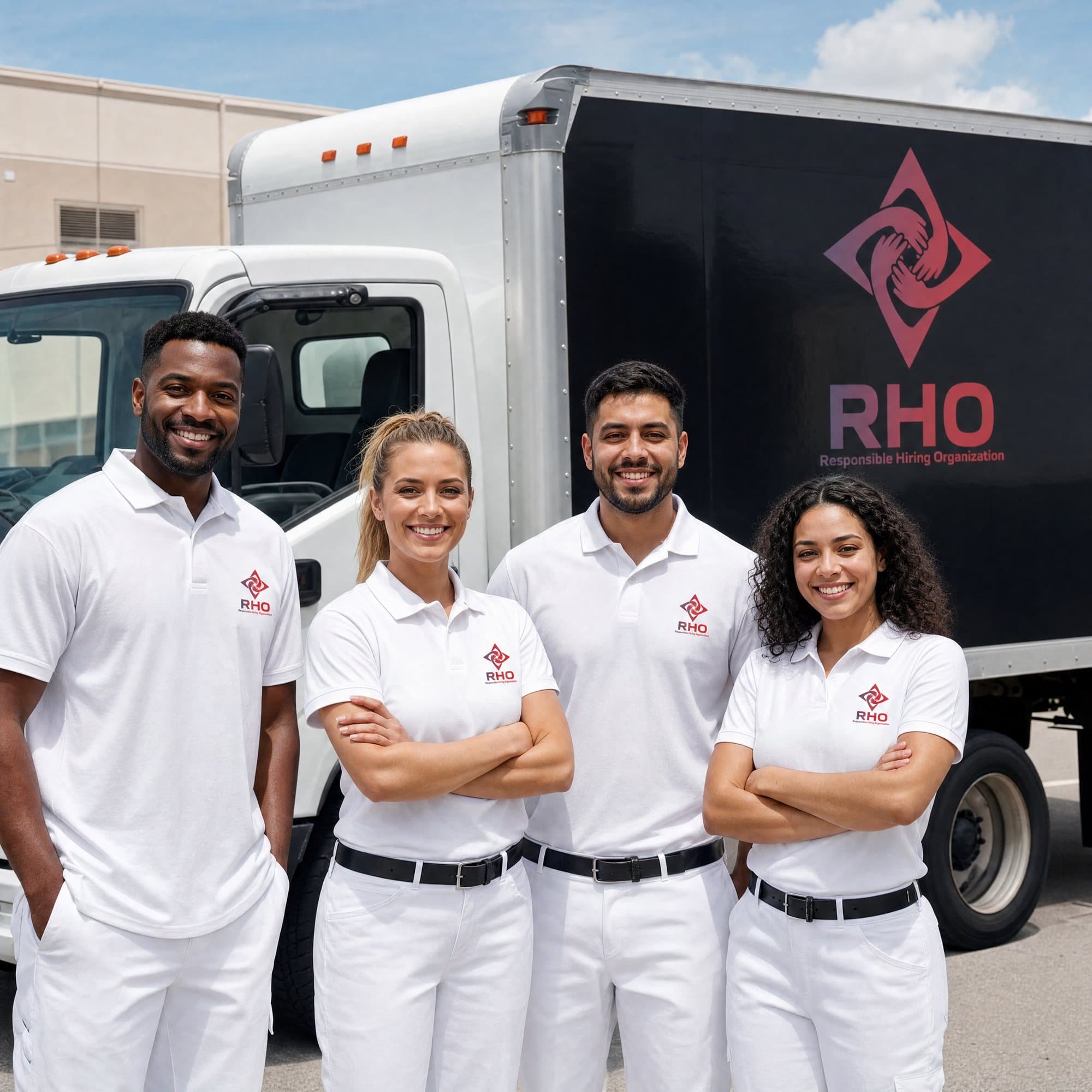 Four smiling workers in white uniforms standing in front of a box truck