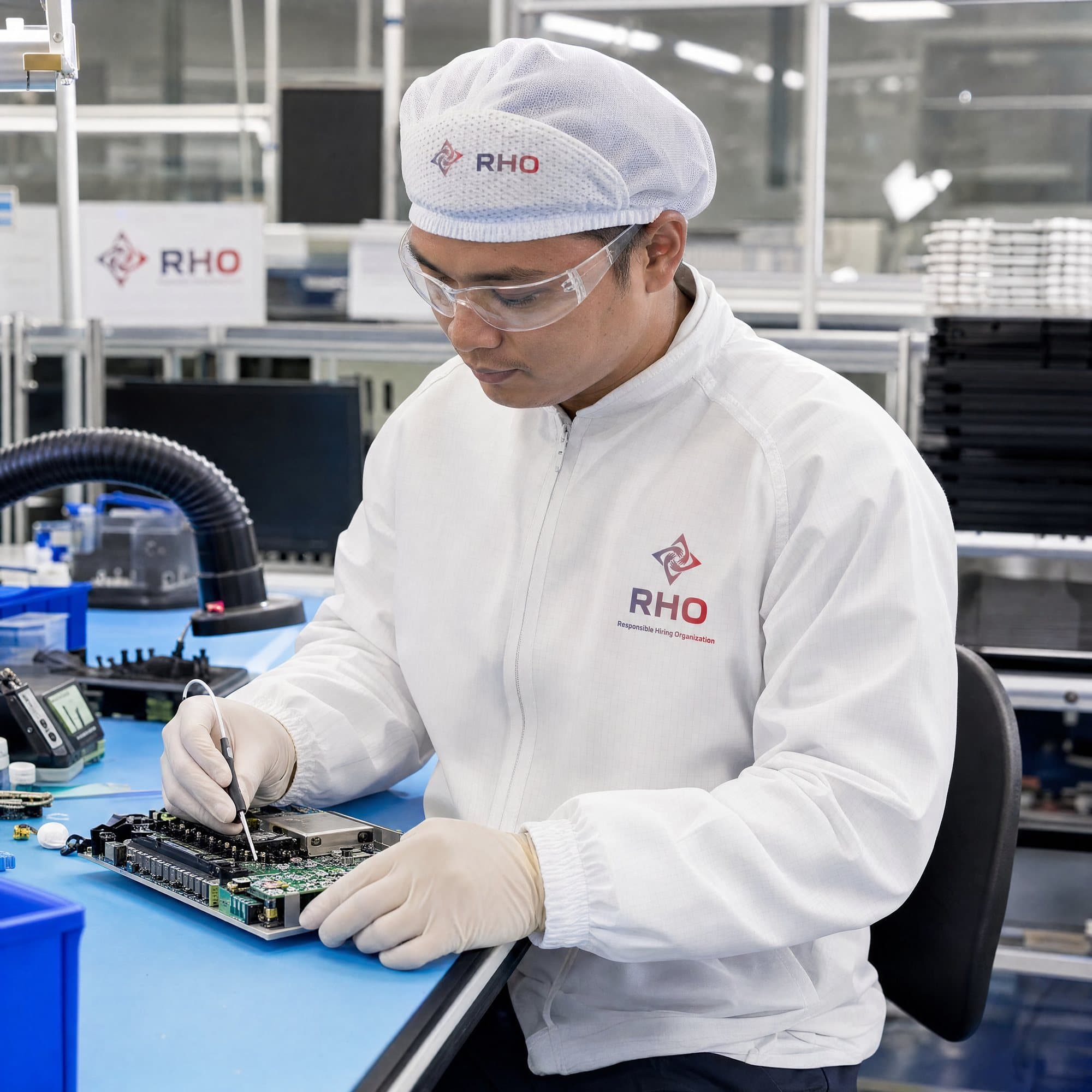 Worker in a clean-room suit and safety glasses assembling a circuit board at an electronics bench