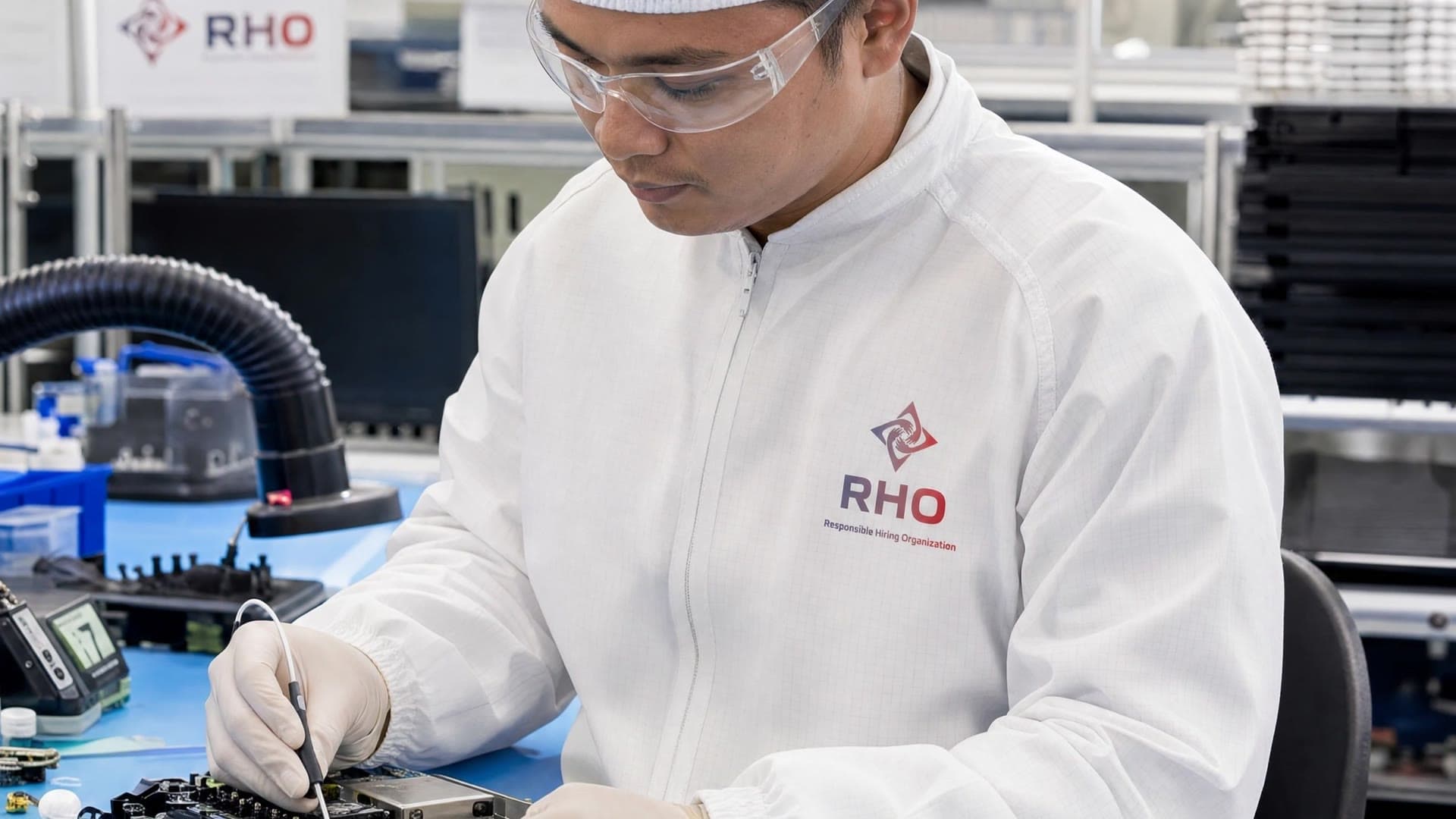 Close view of a technician in a clean-room suit working on a circuit board