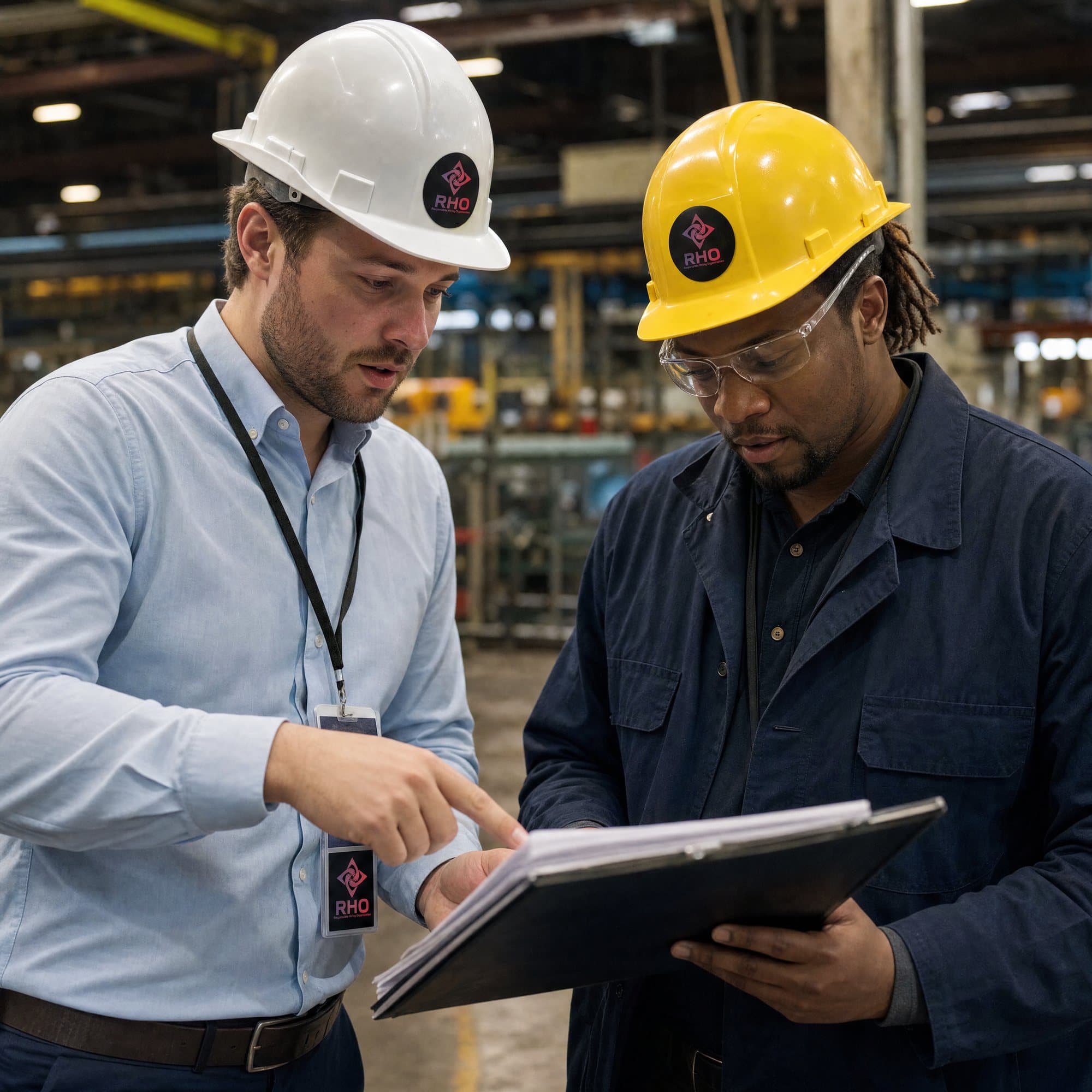Two men in hard hats reviewing papers on a clipboard in a factory