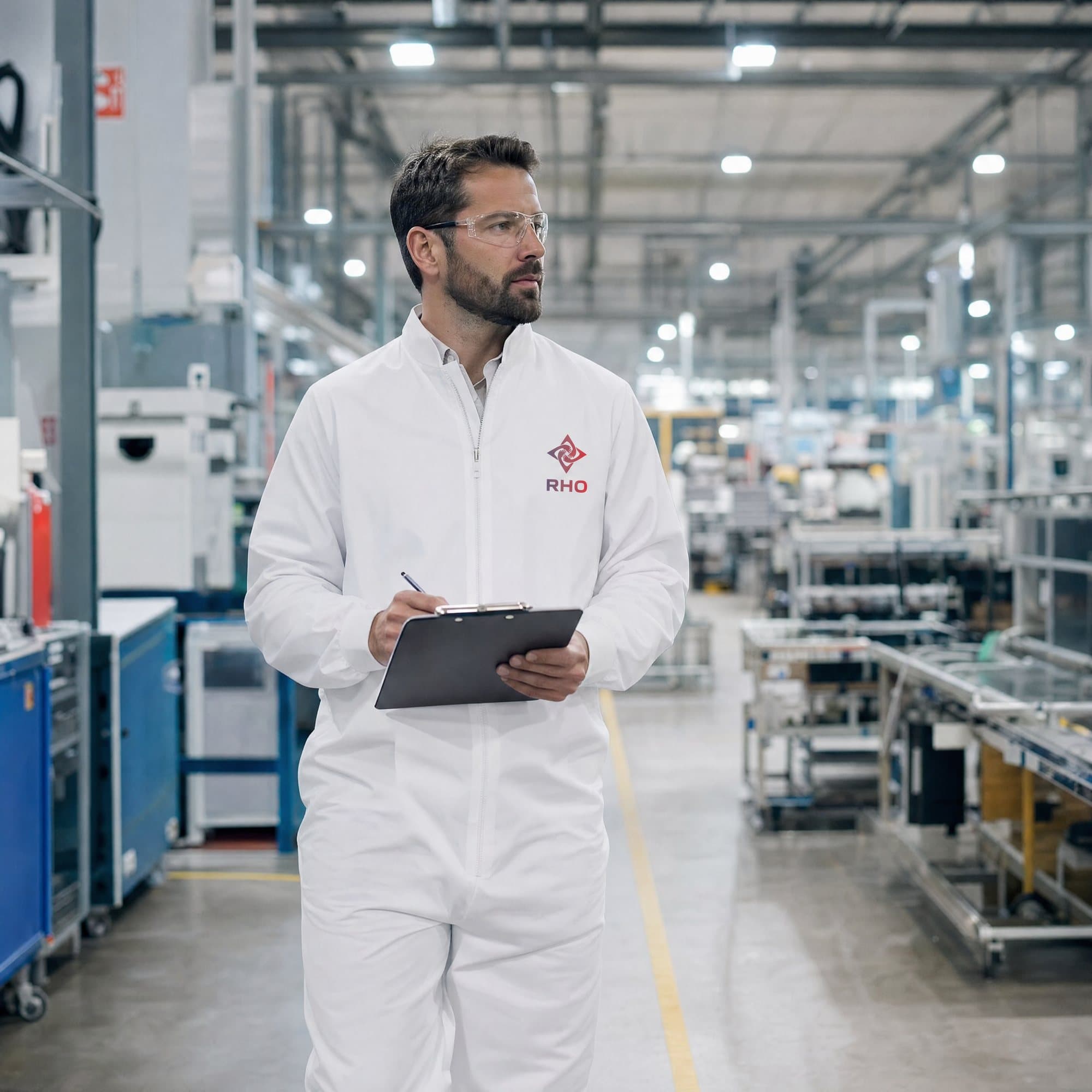 Supervisor in a white coverall and safety glasses writing on a clipboard on a production floor