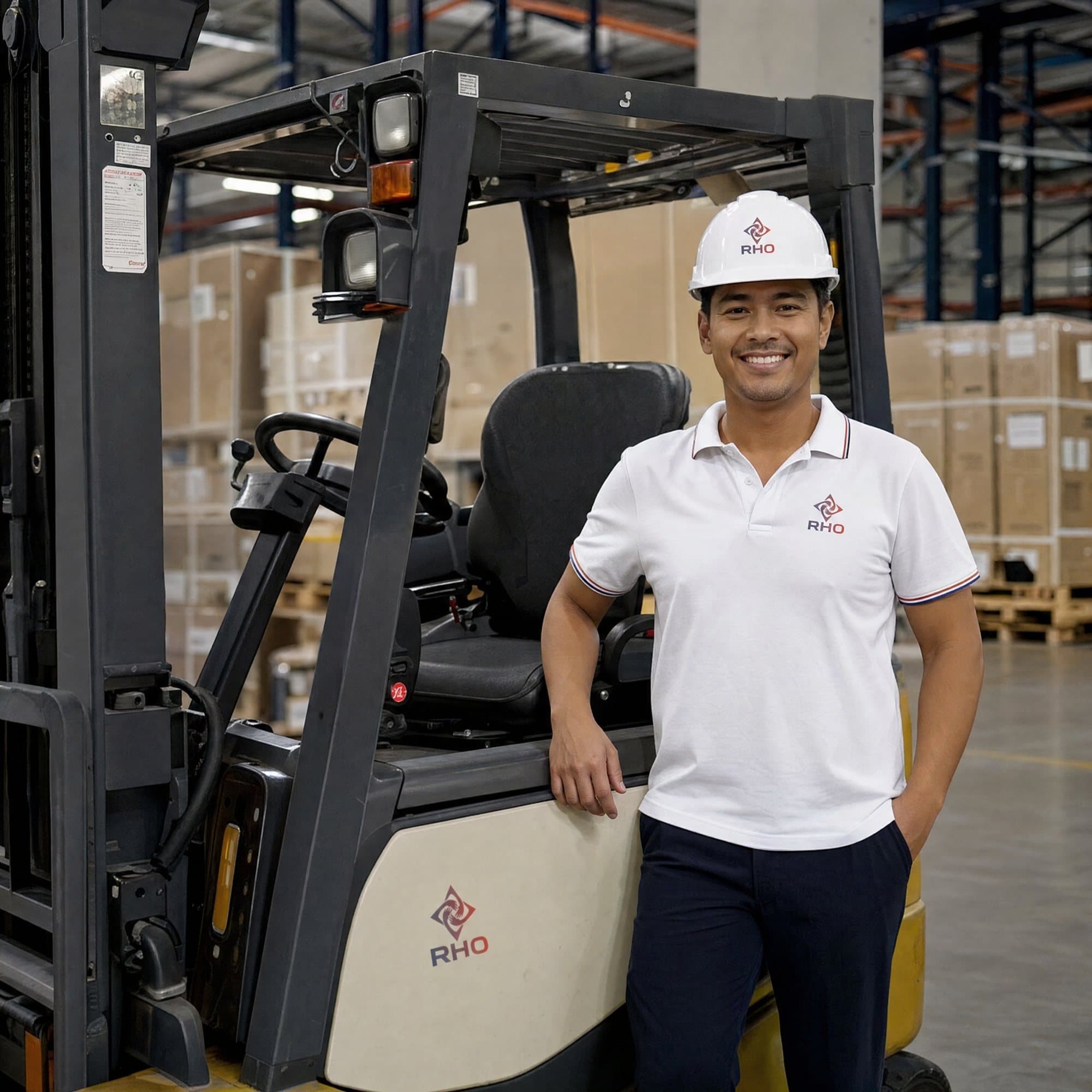 Smiling worker in a white hard hat leaning on a forklift in a warehouse