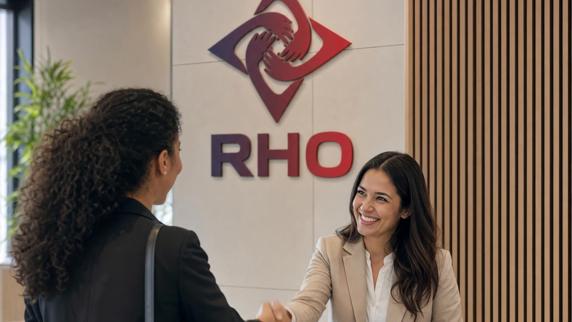 Smiling receptionist shaking a visitor's hand in a bright office lobby
