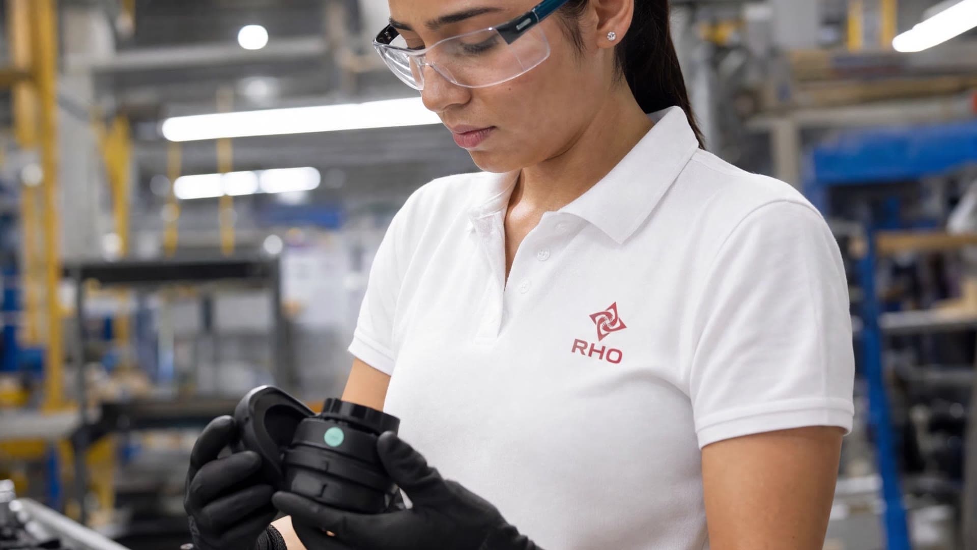 Close view of a worker in safety glasses checking a black plastic part