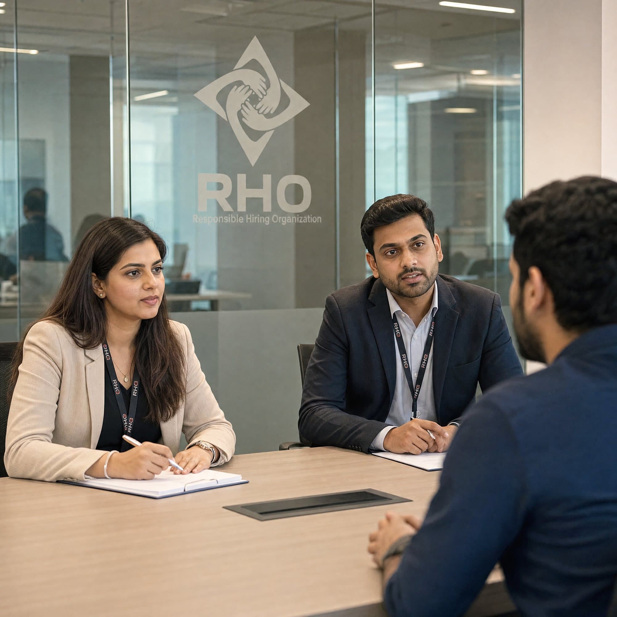 Two interviewers with notebooks talking with a candidate in a glass-walled meeting room