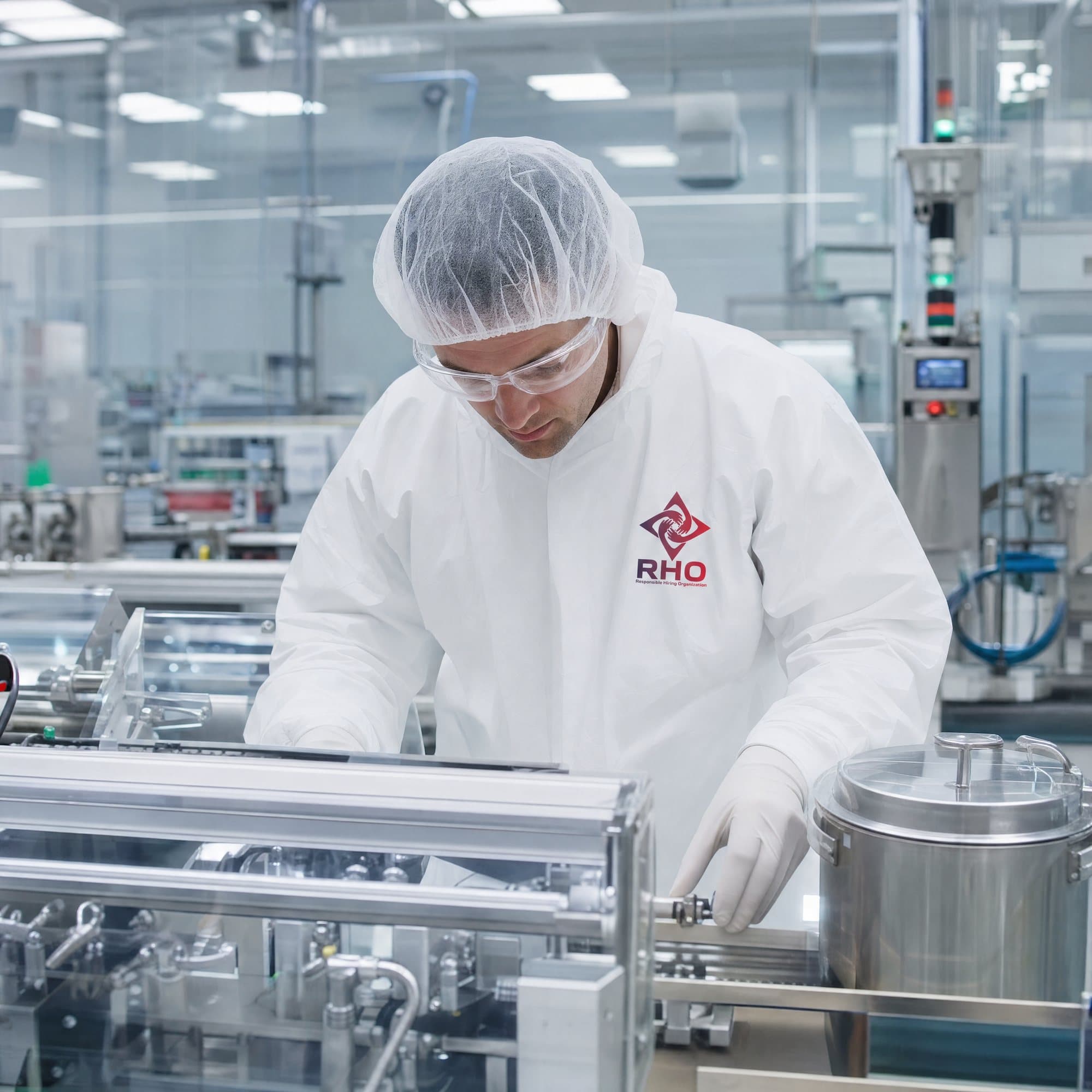 Operator in a hairnet, safety glasses and white coverall adjusting a stainless packaging machine