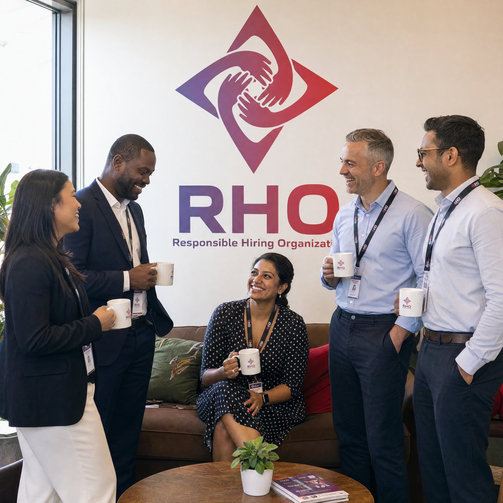 Office team laughing over coffee mugs in a lounge with a sofa