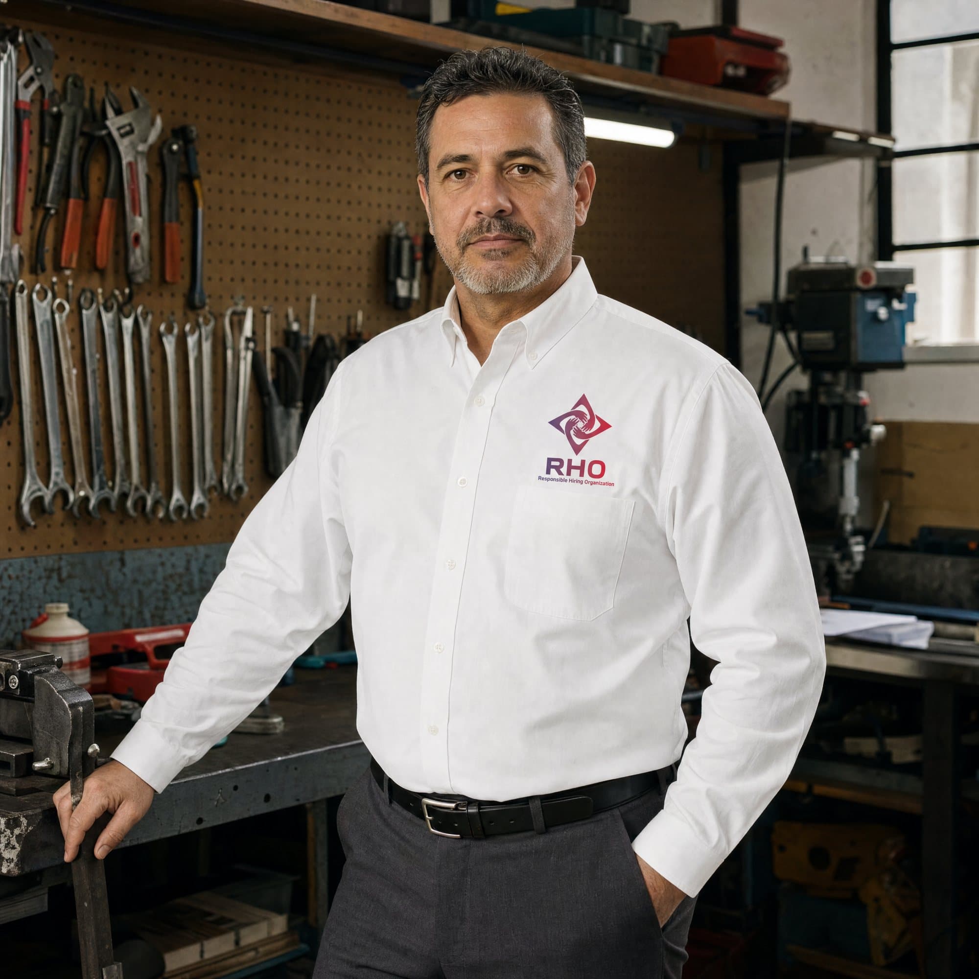Man in a white shirt standing by a pegboard tool wall in a machine shop