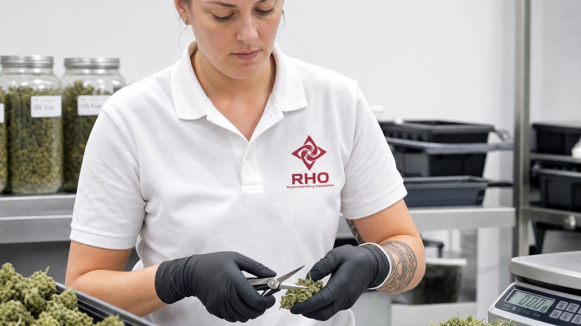 Close view of gloved hands trimming cannabis buds with small scissors