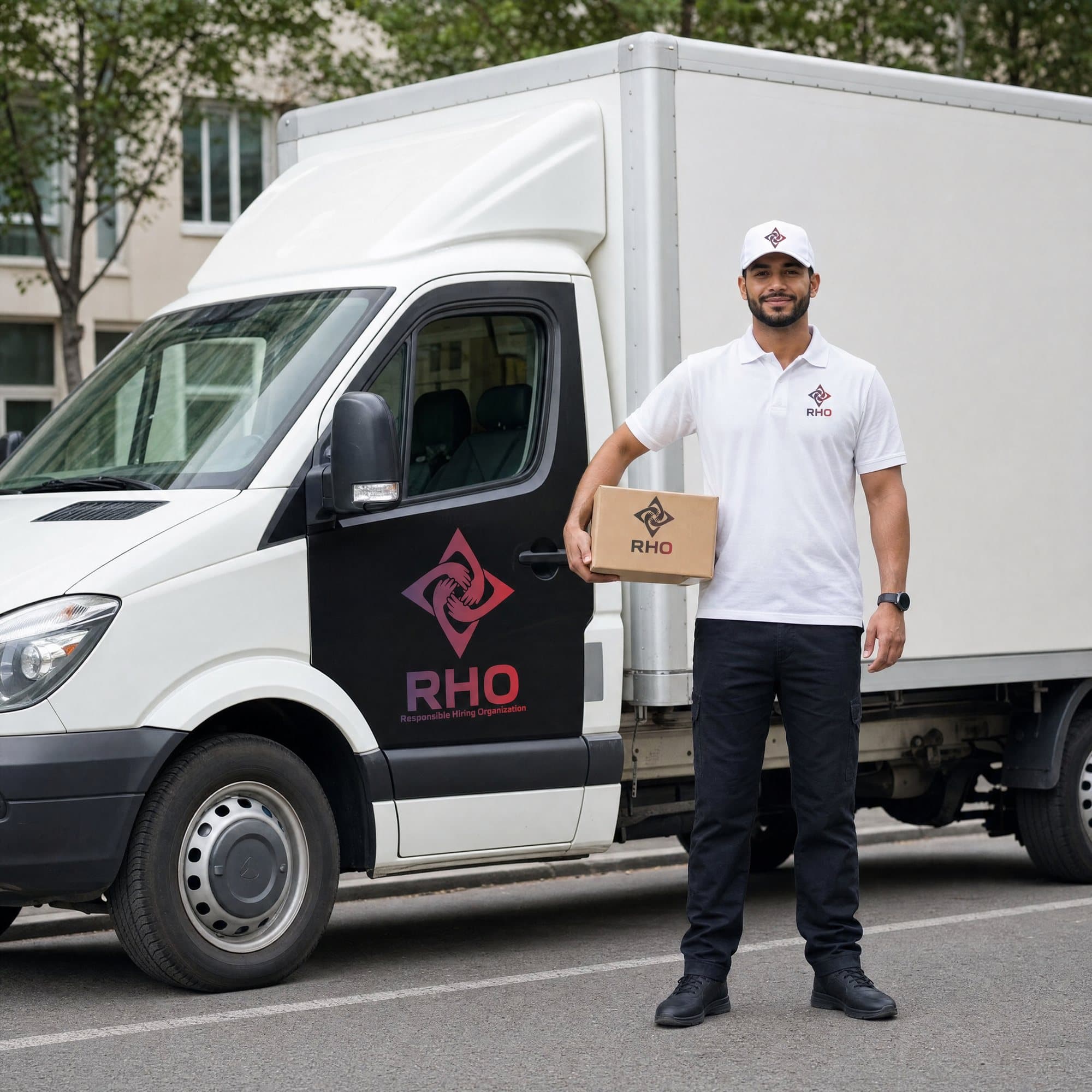 Worker in a white cap holding a small box beside a white box truck