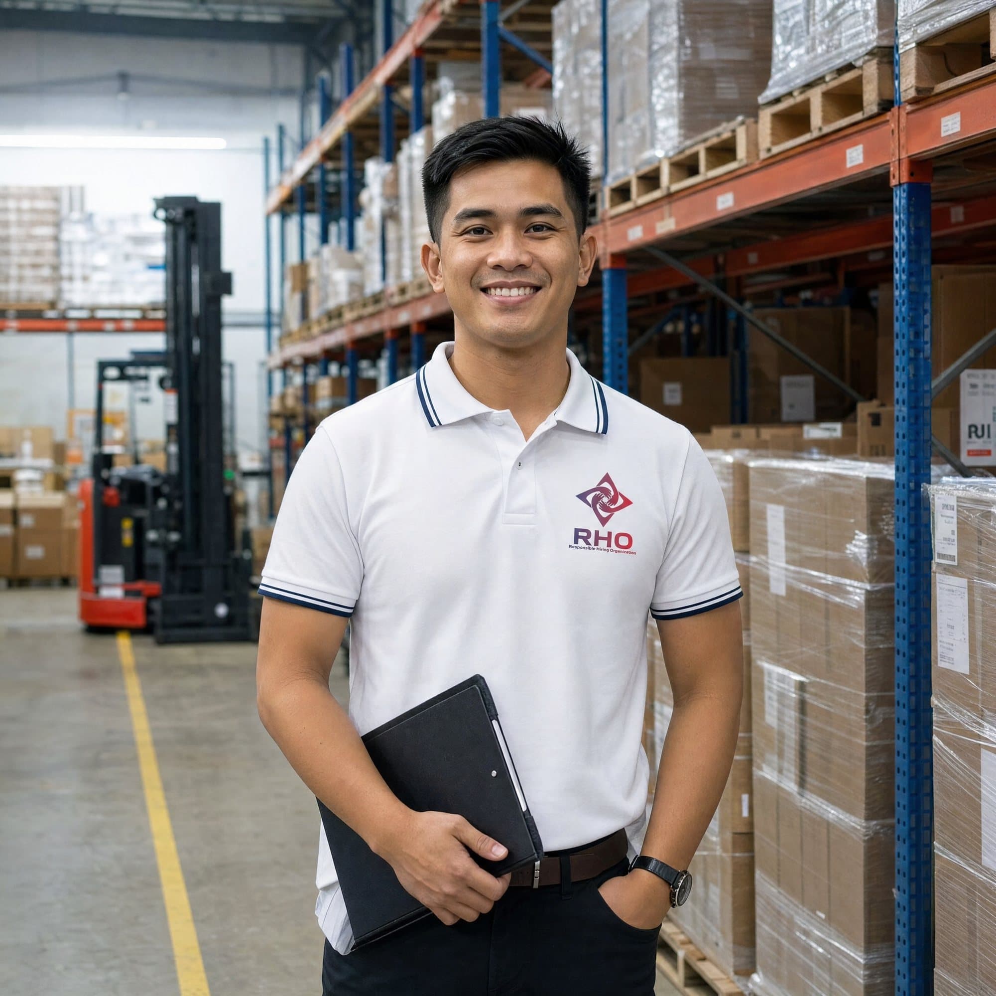 Smiling warehouse associate holding a black folder between pallet racks