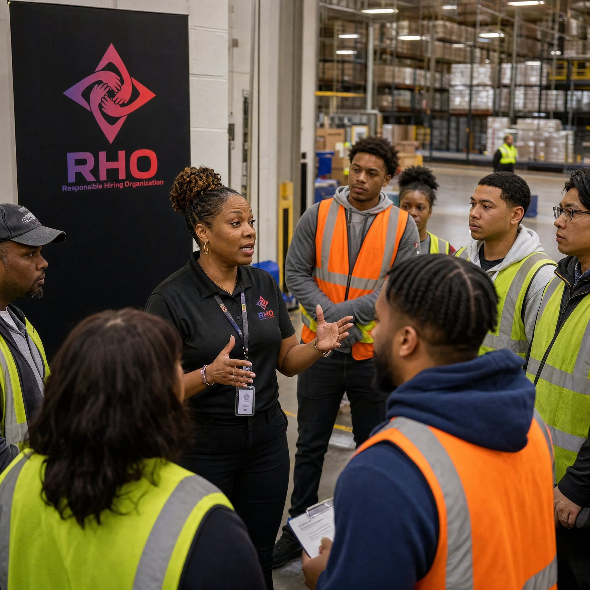 Supervisor briefing a warehouse crew in orange and yellow safety vests