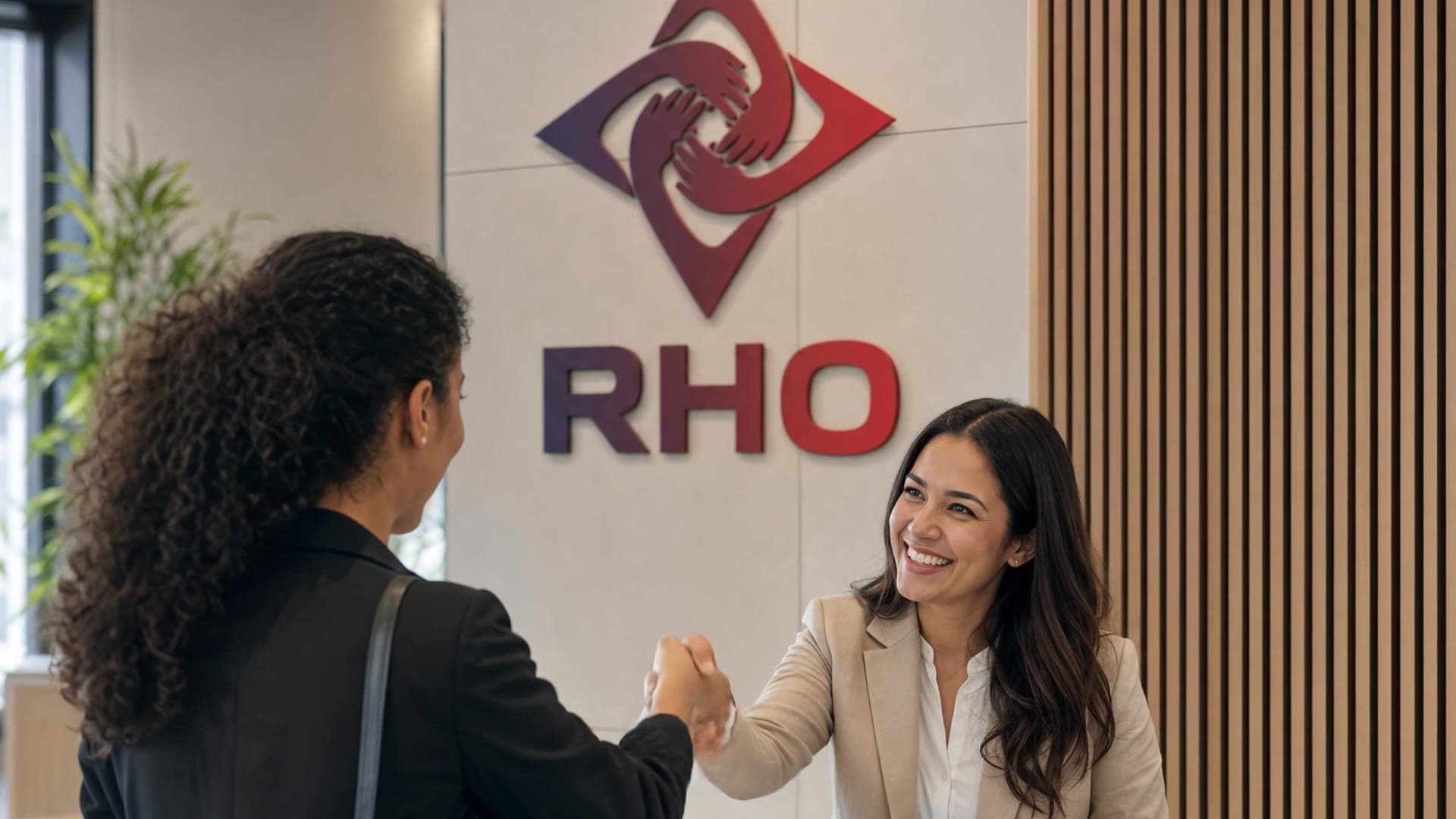 Receptionist in a beige blazer greeting a visitor with a handshake