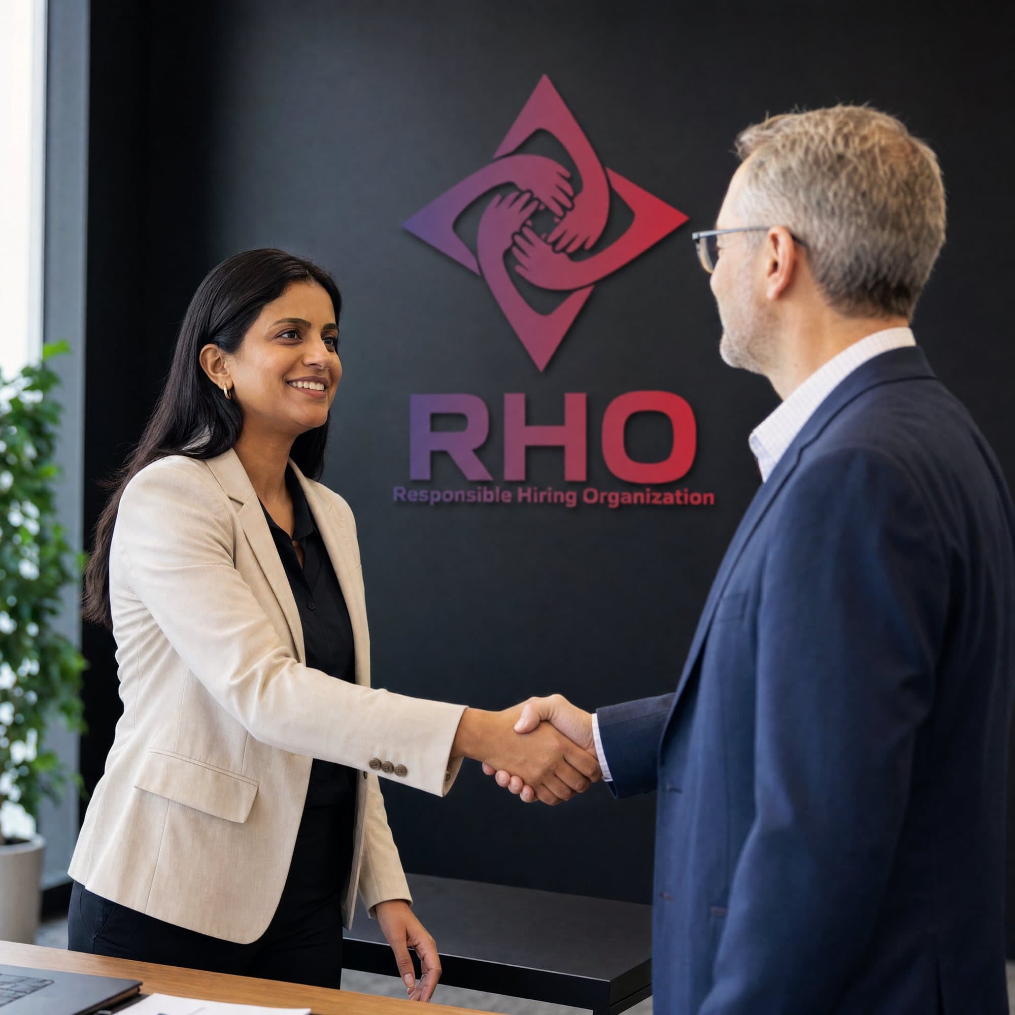 Manager in a beige blazer greeting a client with a handshake in an office