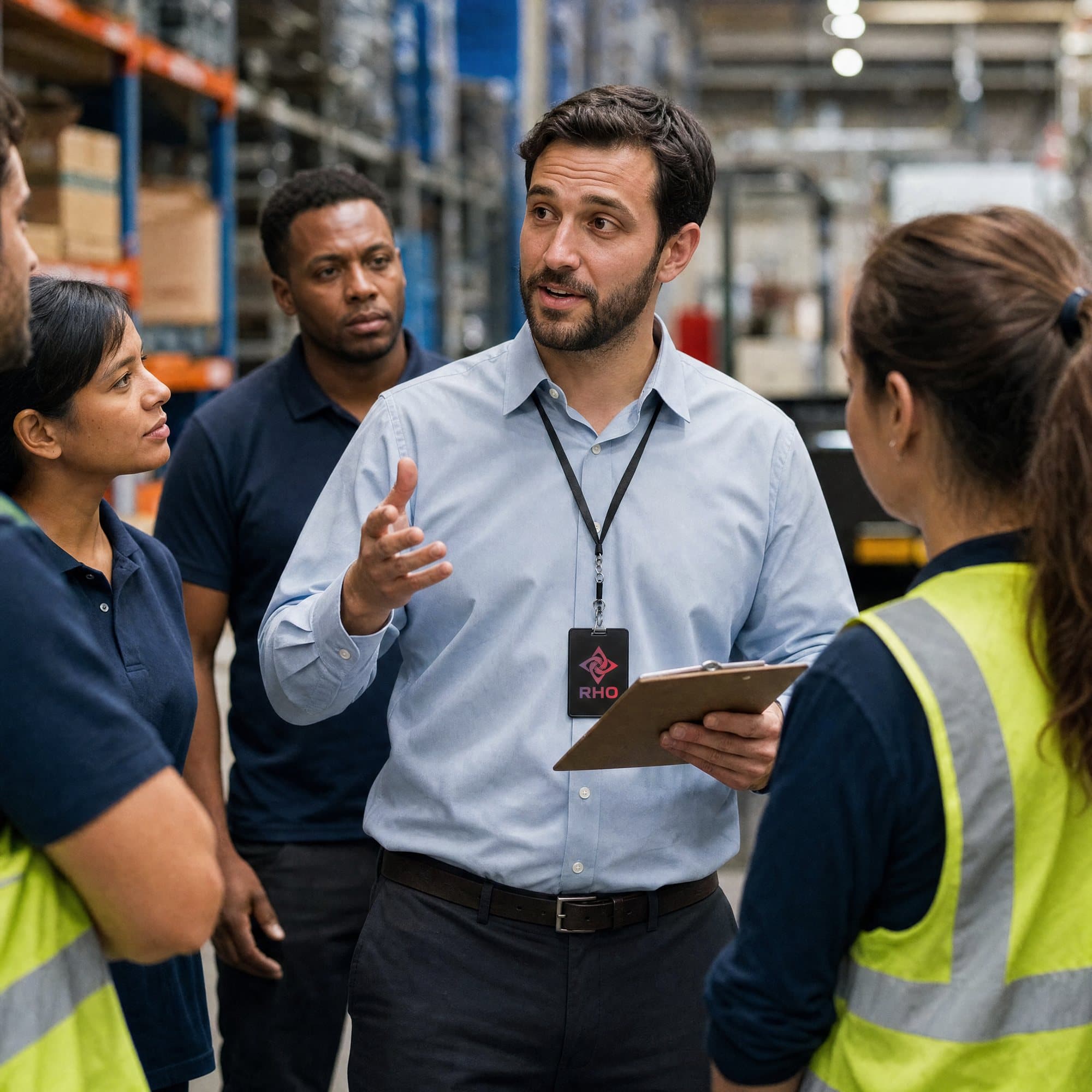 Supervisor with a clipboard talking with workers on a warehouse floor