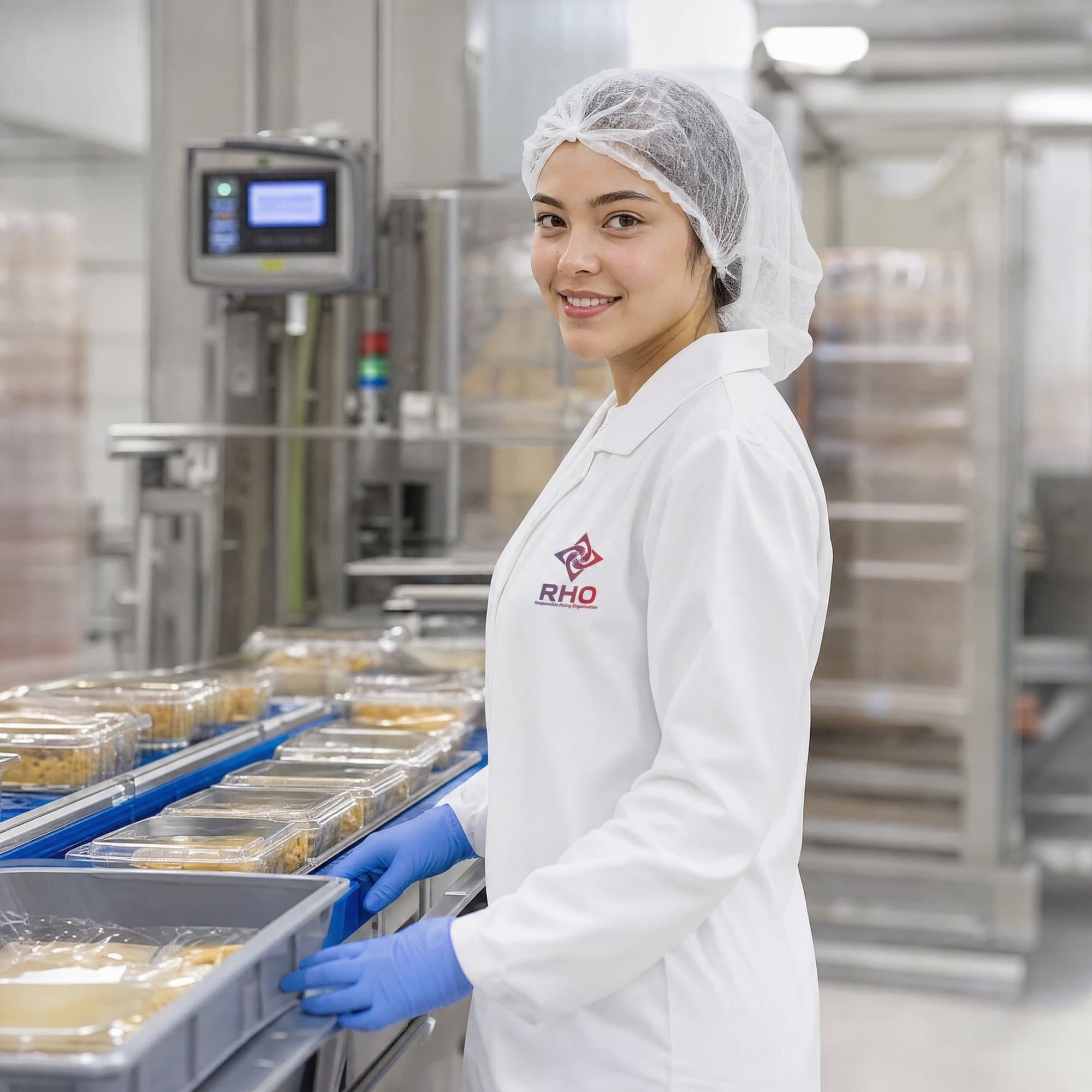 Smiling worker in a hairnet and white coat beside a conveyor of packaged food trays