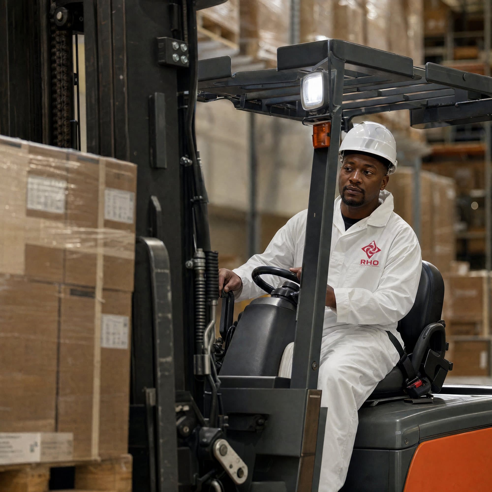 Forklift operator in a white hard hat and coverall driving past stacked cartons in a warehouse