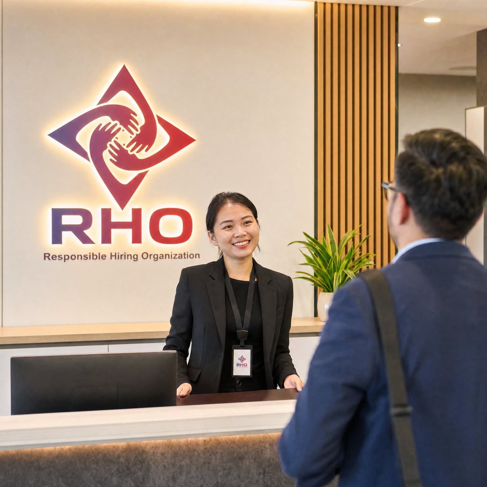 Receptionist smiling at a visitor across a front desk under a lit sign