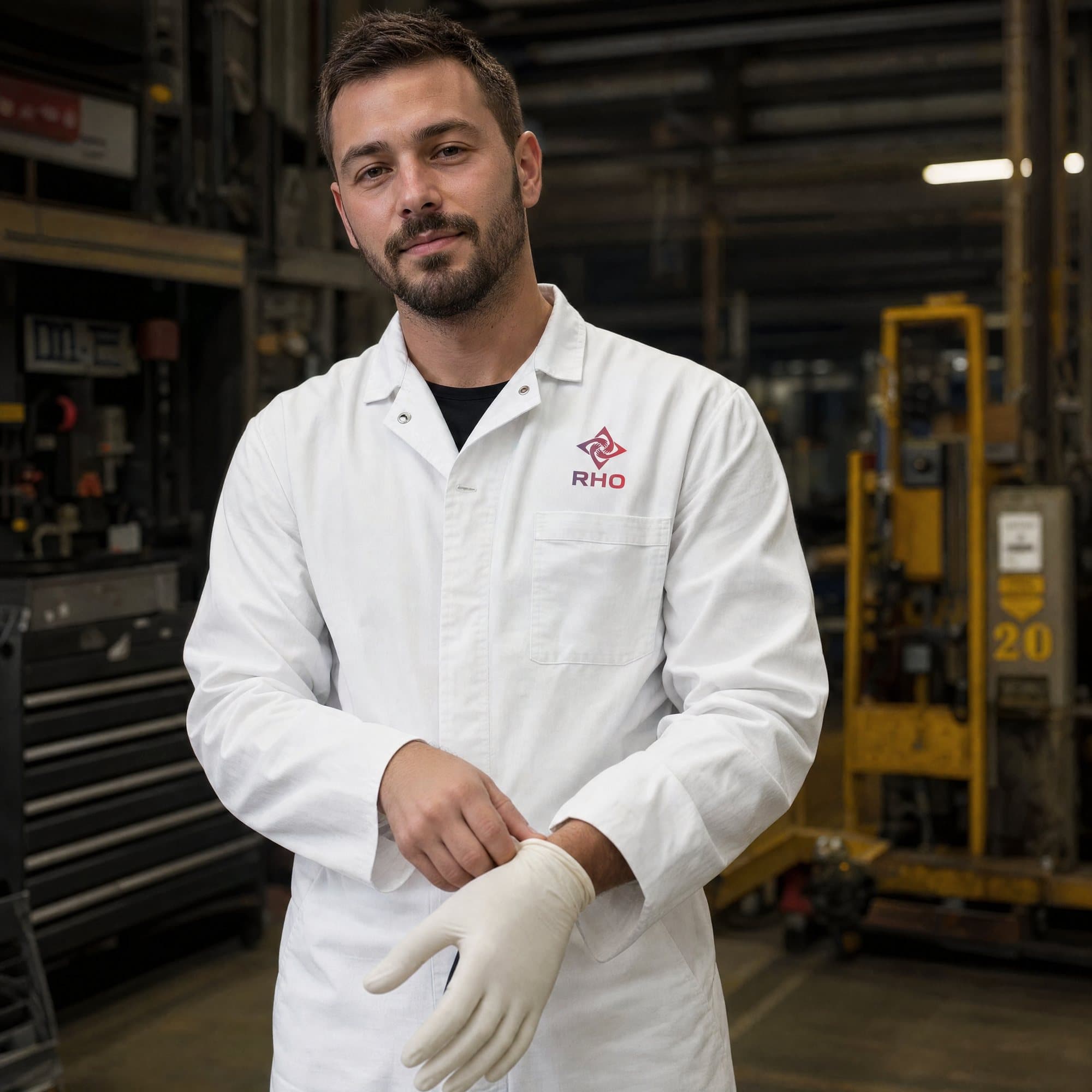 Worker in a white coat pulling on a latex glove on a plant floor