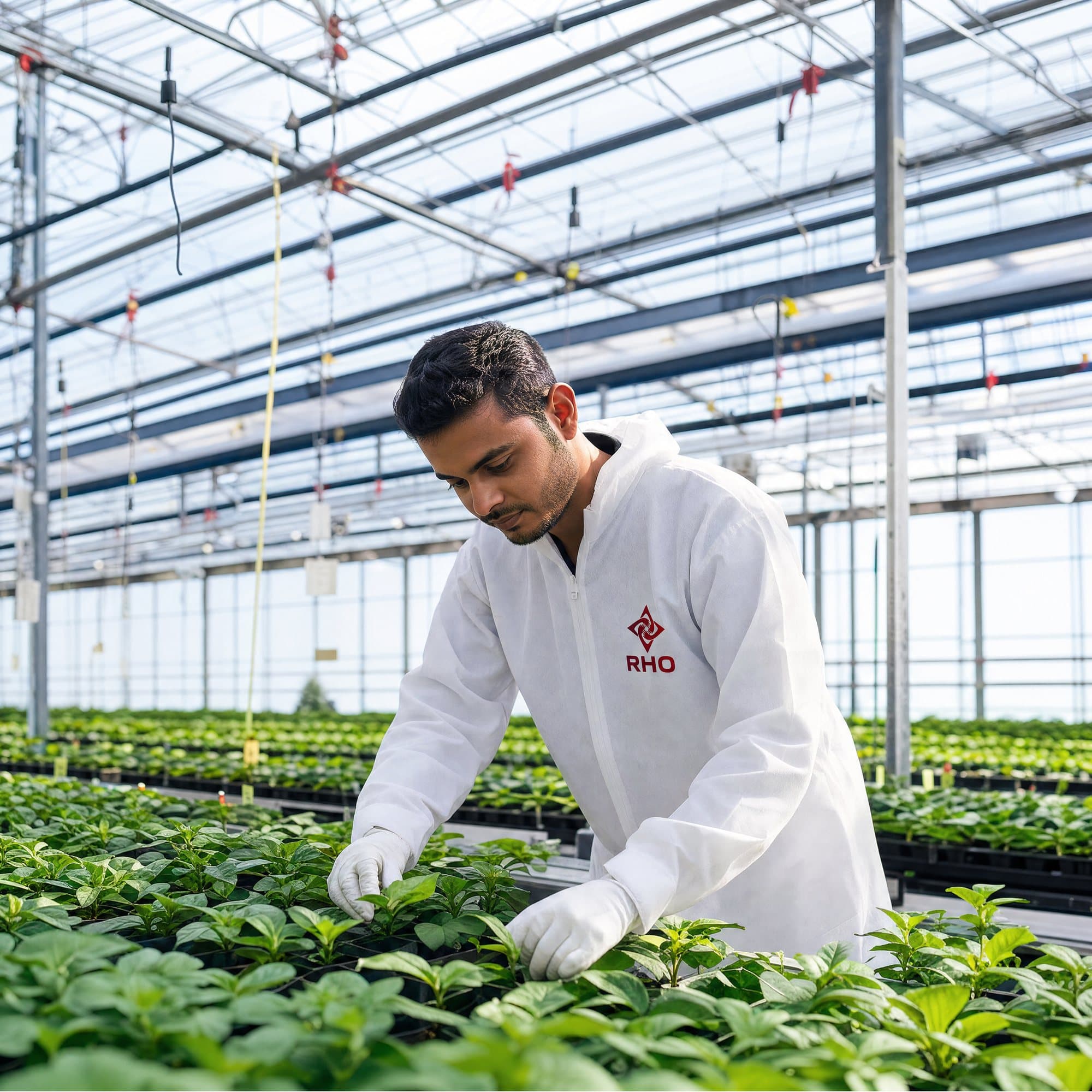 Worker in a white coverall and gloves tending rows of young plants in a glass greenhouse