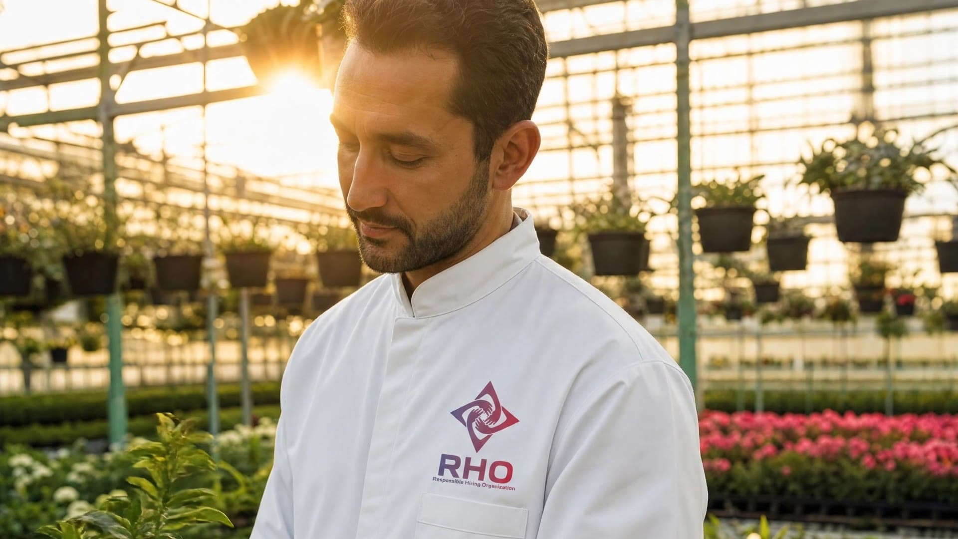 Worker in a white coat looking down at plants in a sunlit greenhouse with hanging baskets