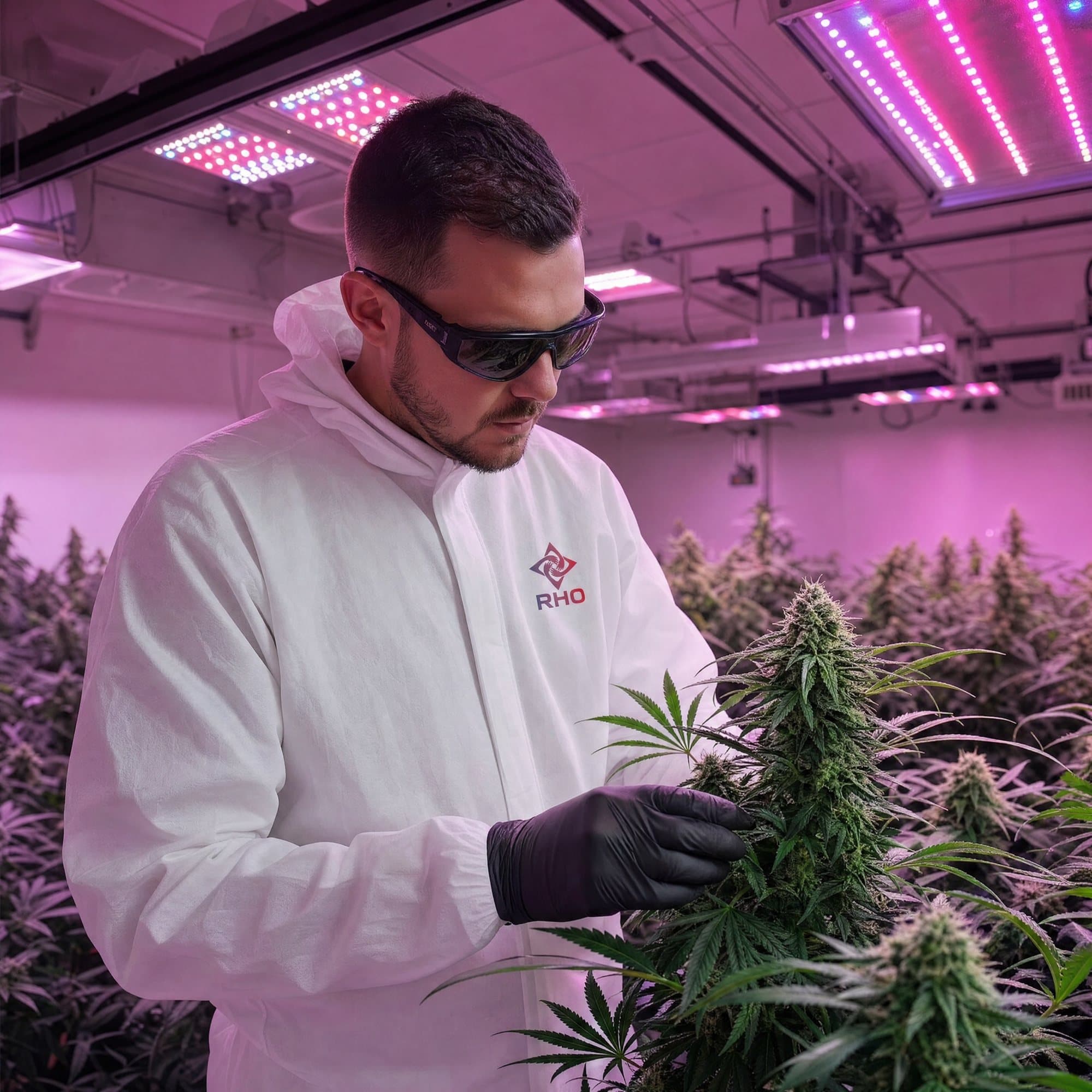 Worker in a white coverall checking a flowering cannabis plant under pink grow lights