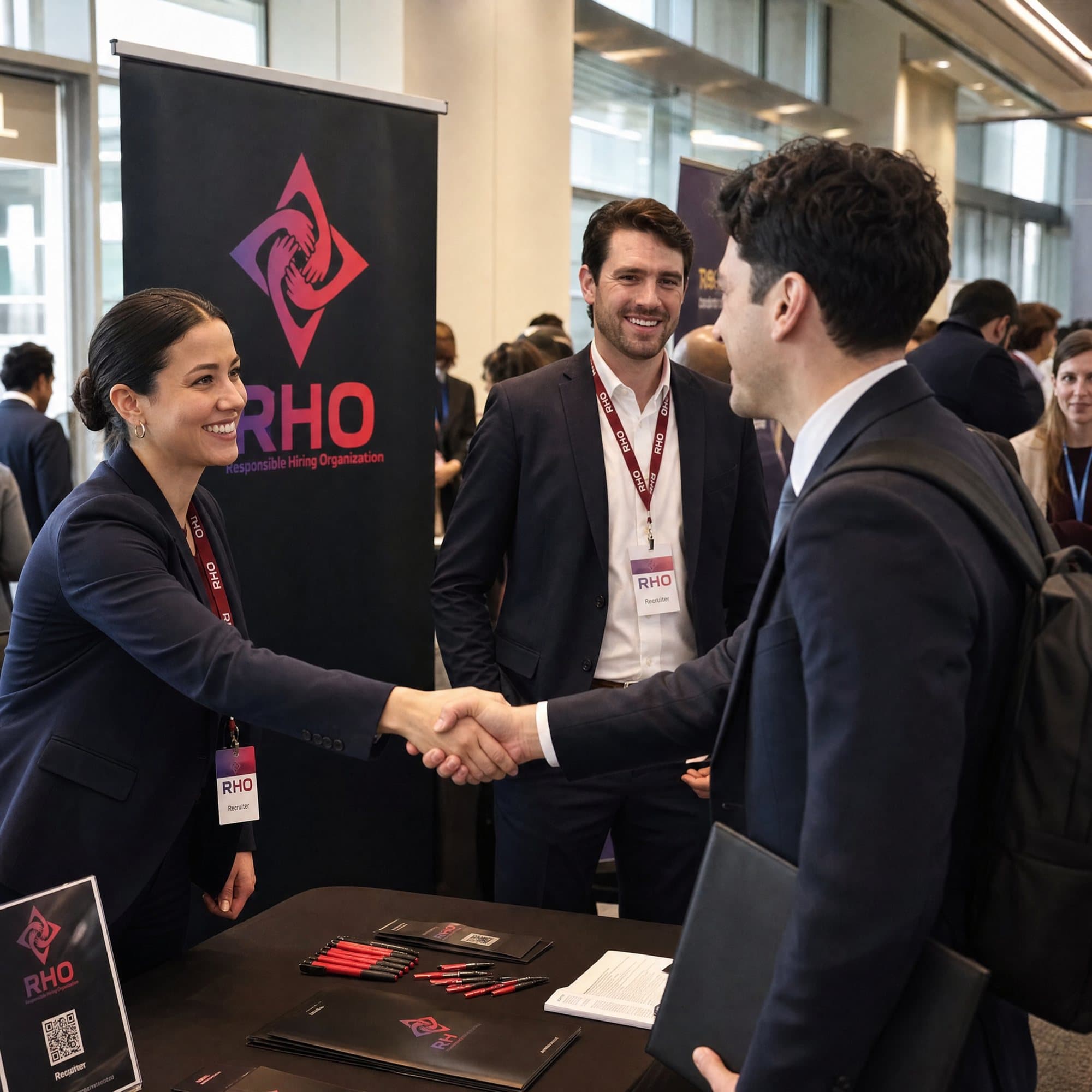 Recruiter shaking hands with a candidate at a hiring event booth