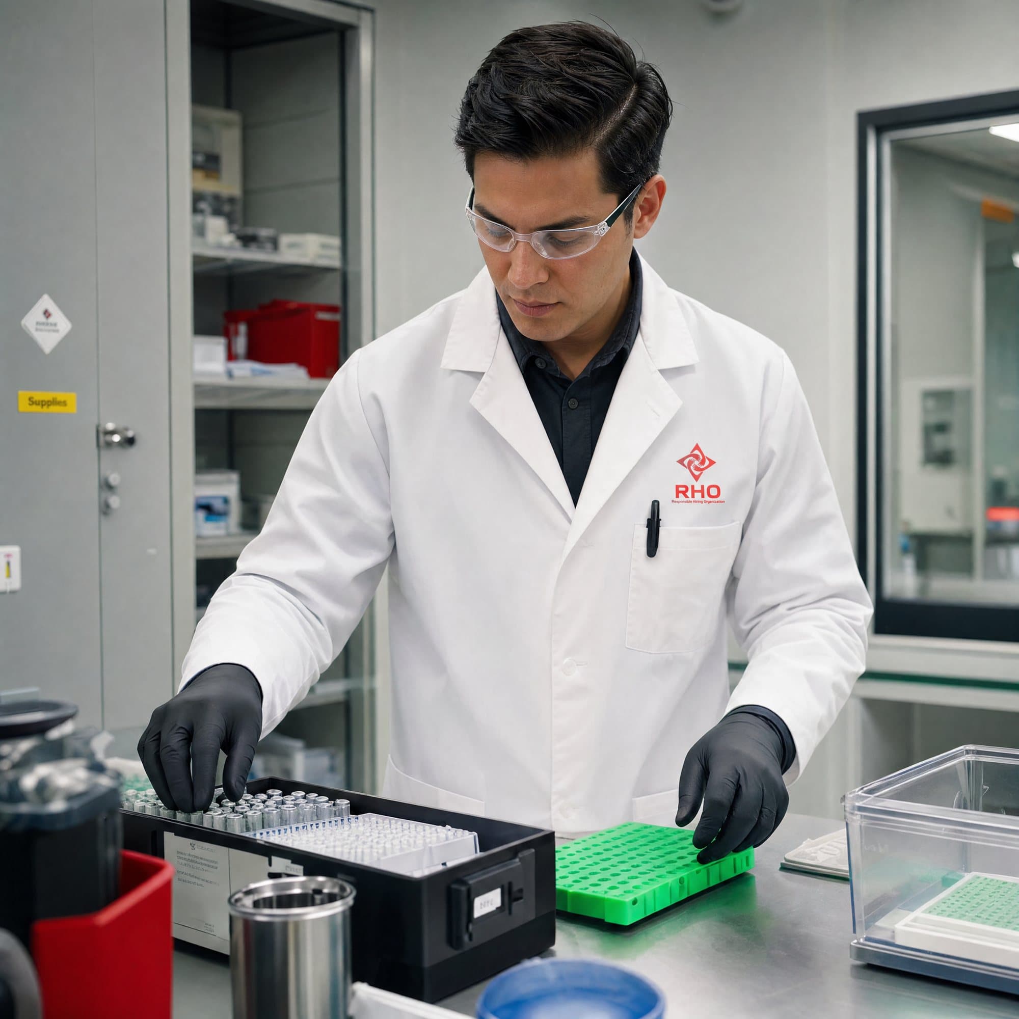 Lab worker in a white coat and safety glasses setting sample vials into a rack