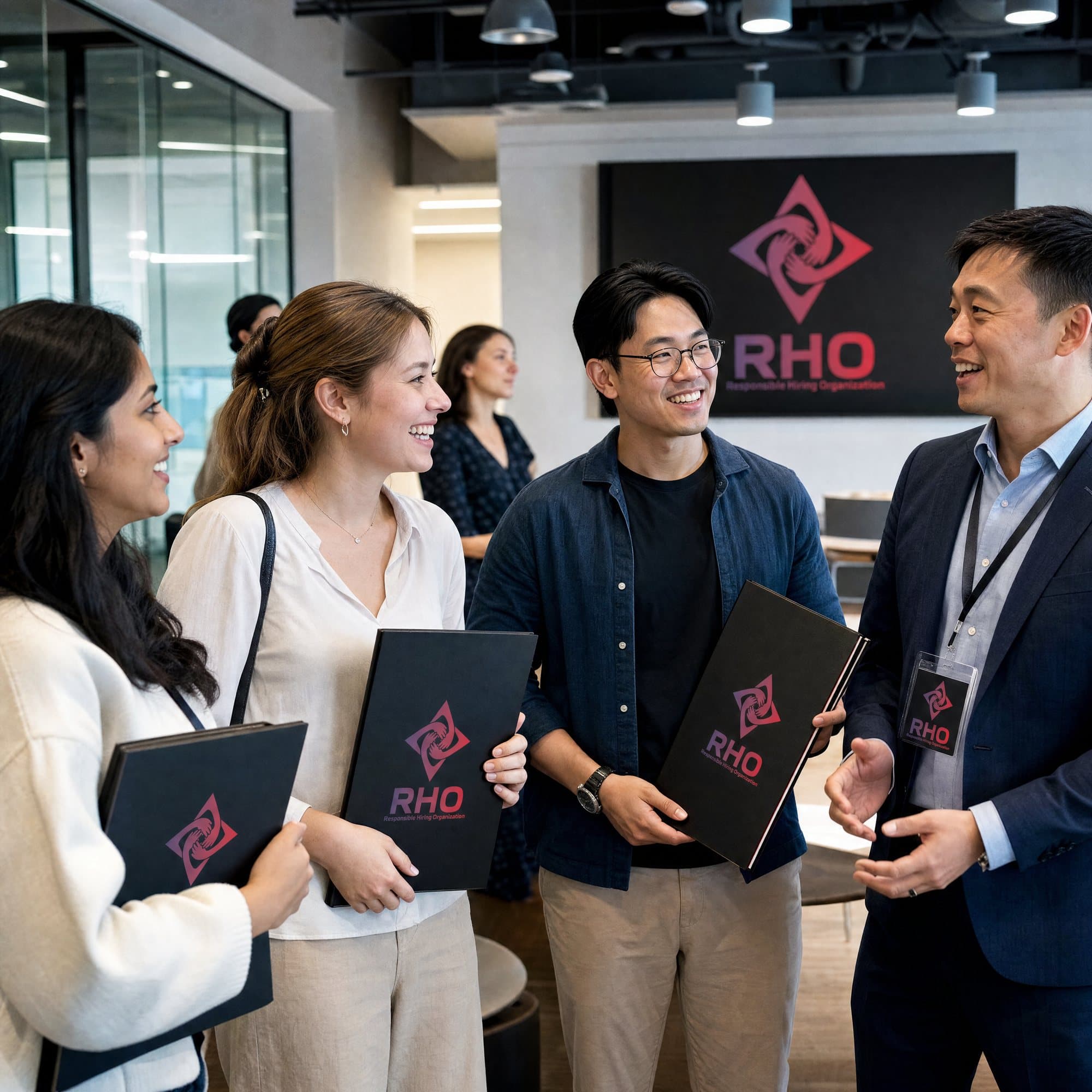 New hires holding black folders and talking with a manager in an office