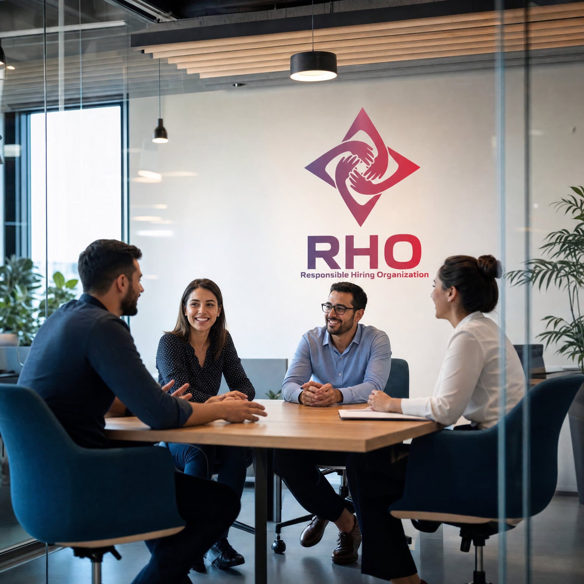 Four colleagues talking around a wooden table in a glass-walled meeting room, a large logo on the wall behind them