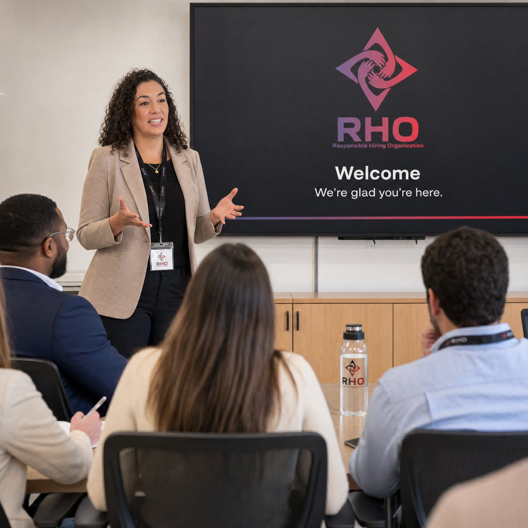 Speaker welcoming a seated group at an orientation session in front of a welcome slide