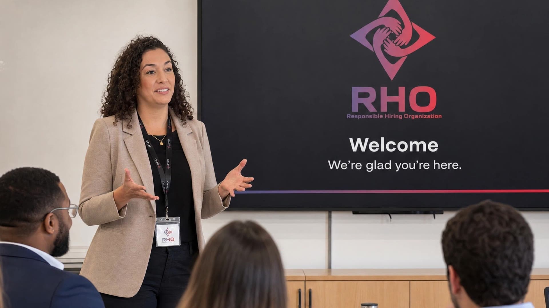 Presenter in a beige blazer speaking to new workers below a welcome screen