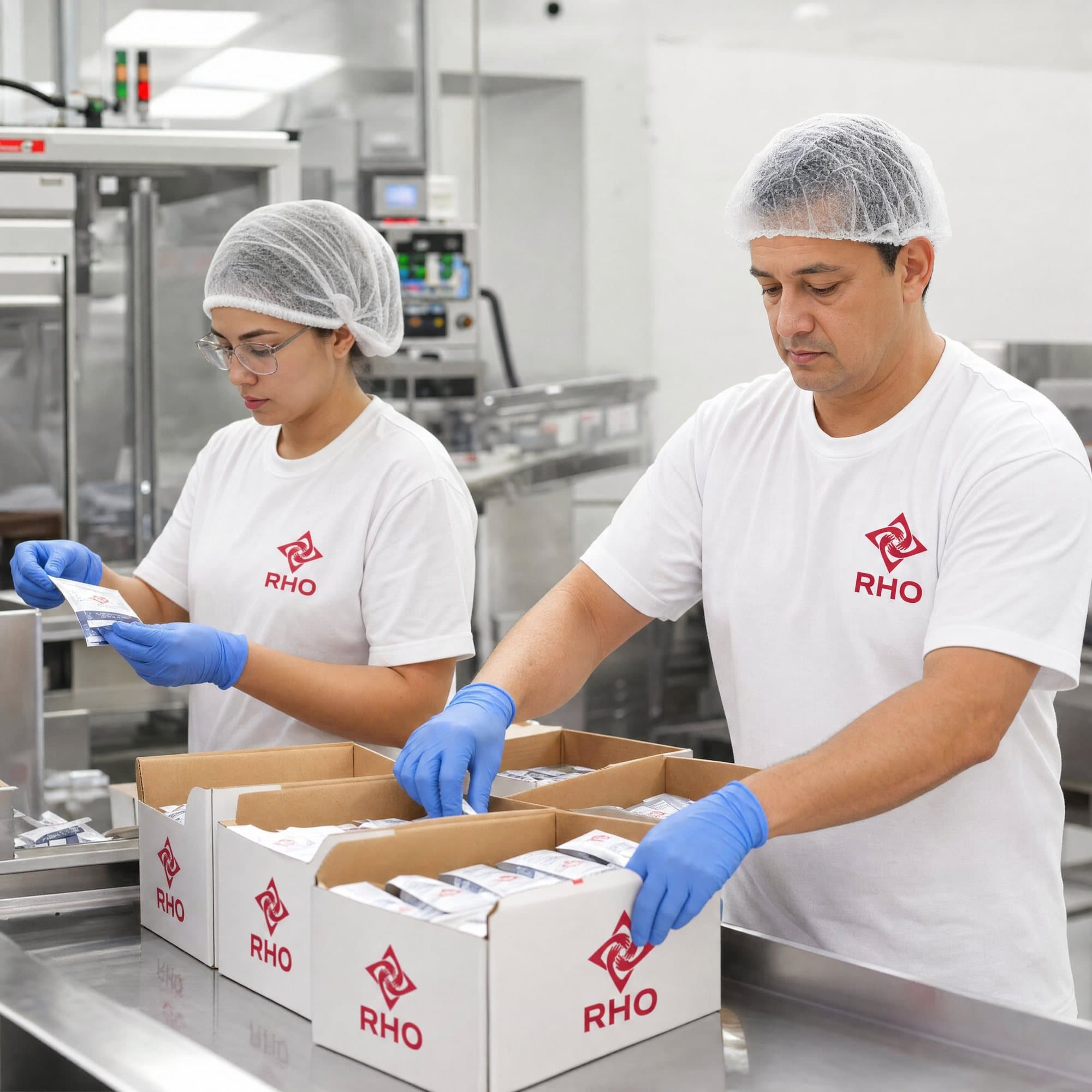 Two workers in hairnets and blue gloves packing product into boxes on a production line
