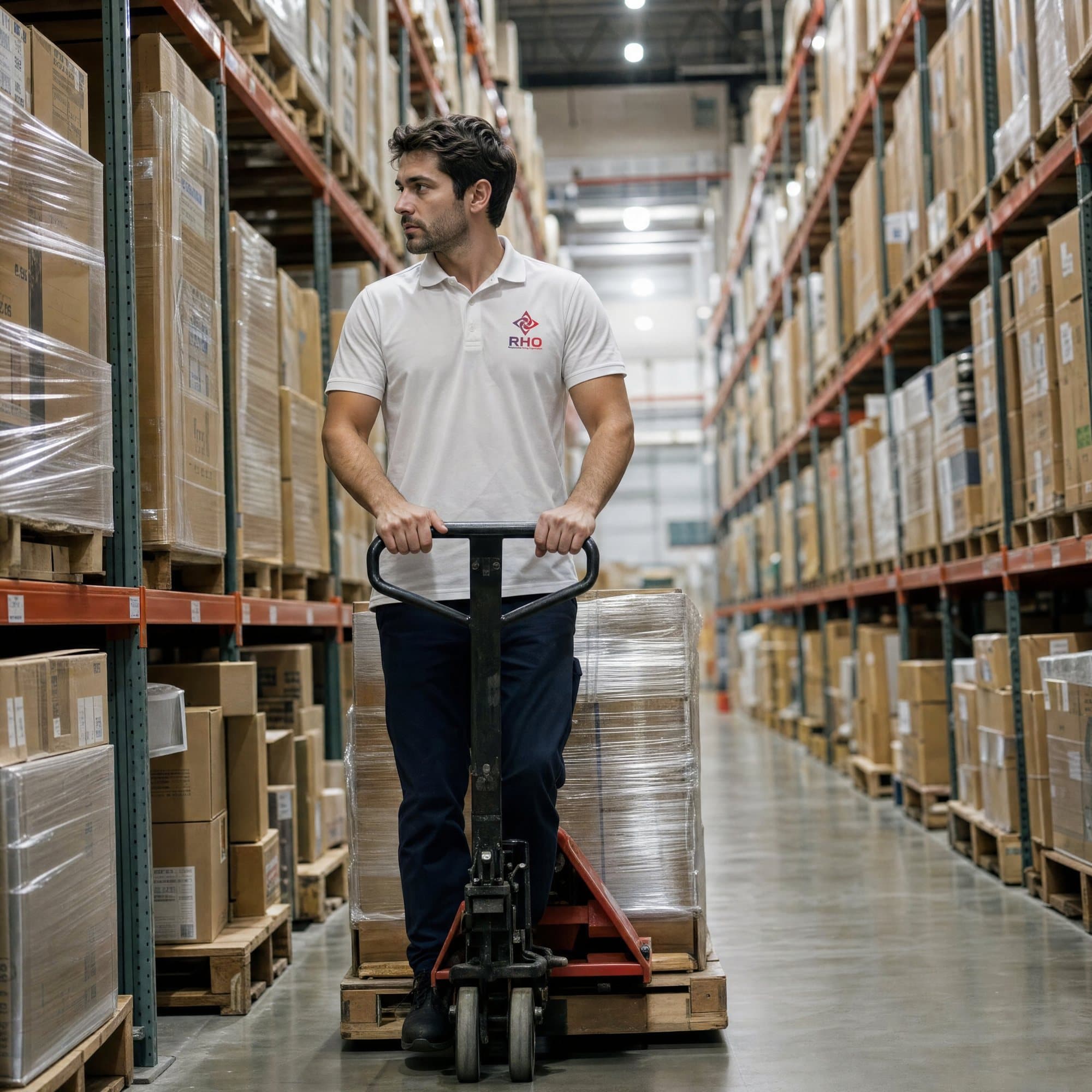 Worker pulling a loaded pallet jack down a tall warehouse aisle