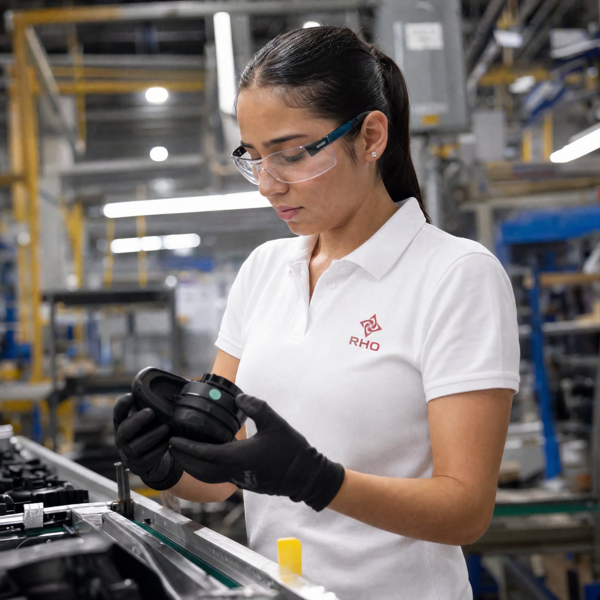 Worker in safety glasses and black gloves inspecting a molded part beside an assembly line