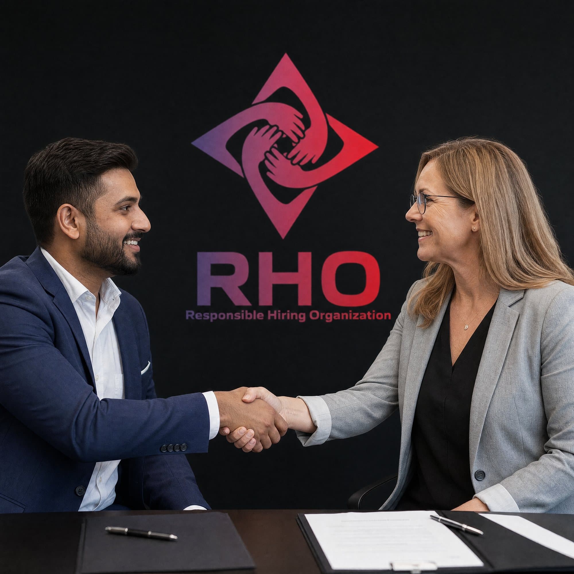 Two business partners shaking hands across a table with papers and pens