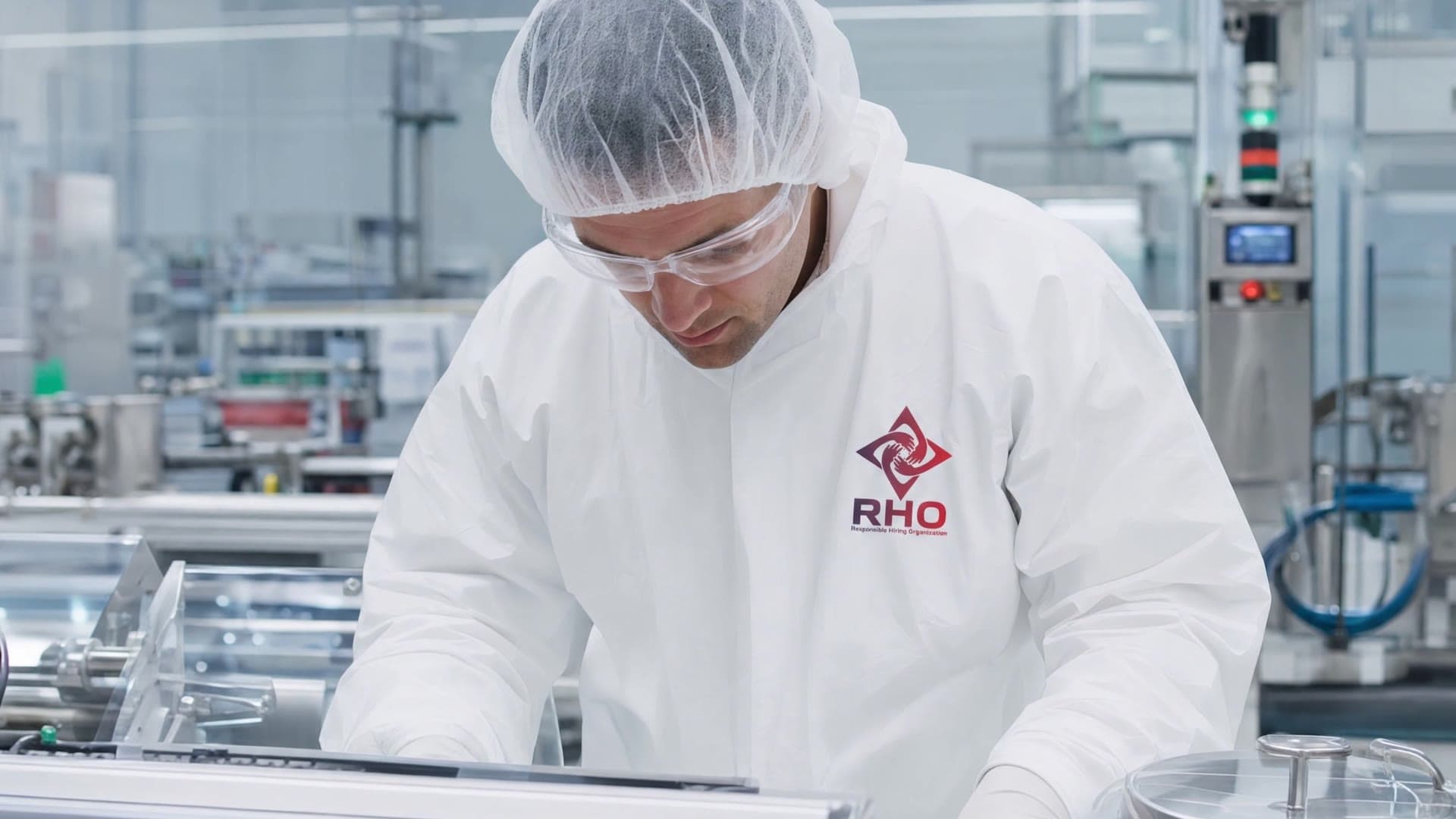 Close view of an operator in a hairnet and coverall working at a packaging machine