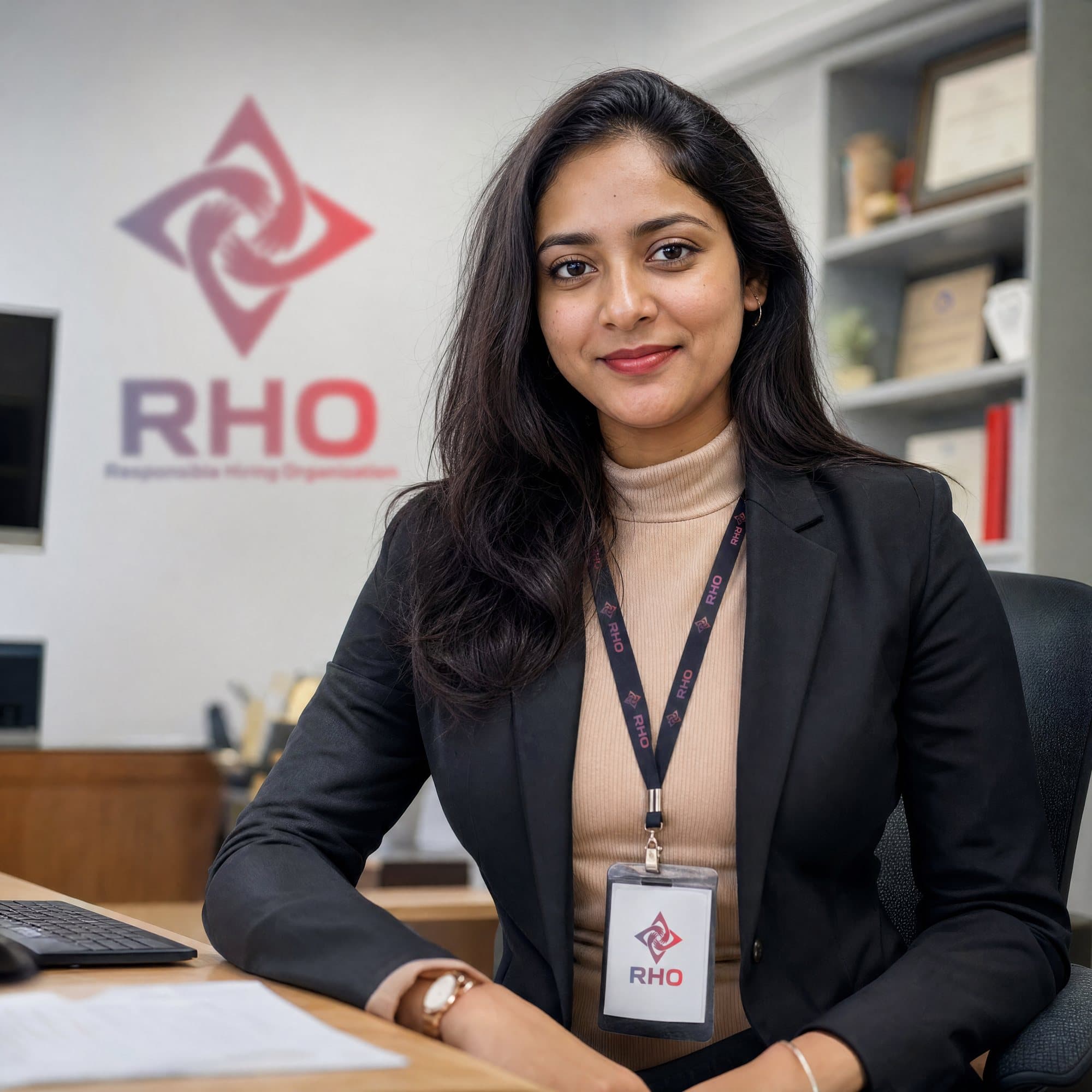 Recruiter wearing a lanyard badge, seated at her desk in an office