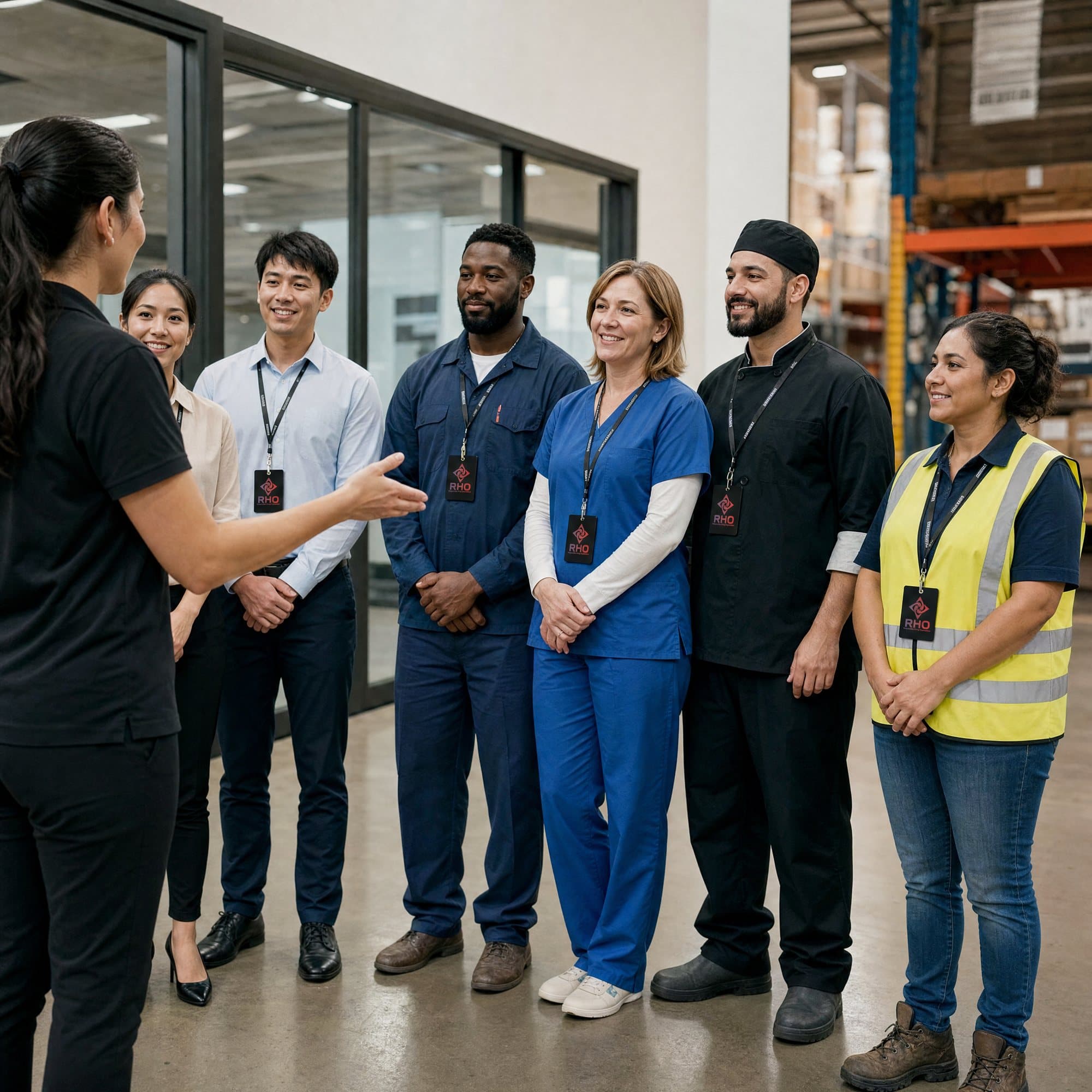 Workers in scrubs, safety vests and work uniforms lined up as a supervisor briefs them