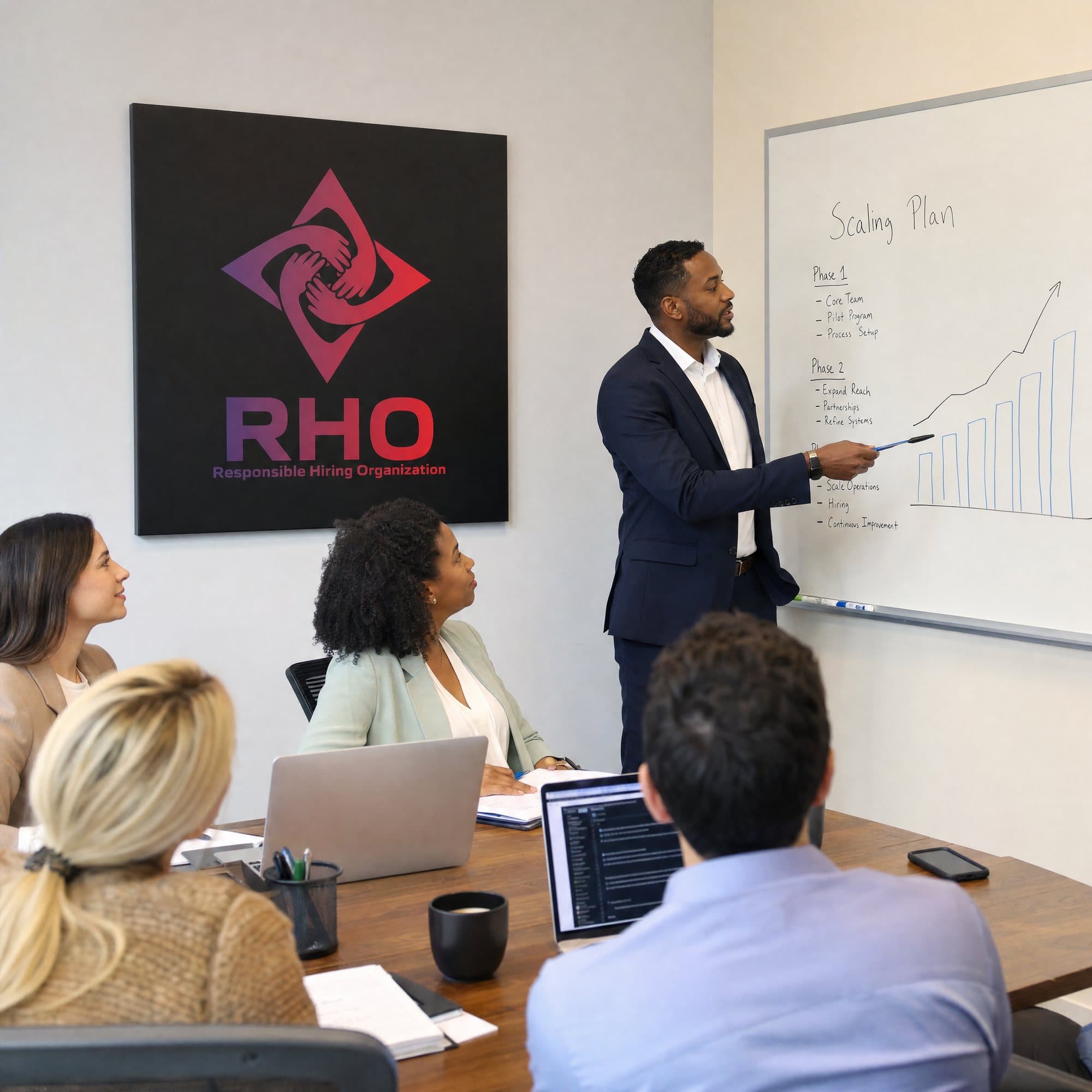 Manager presenting a staffing plan on a whiteboard to colleagues at a meeting table