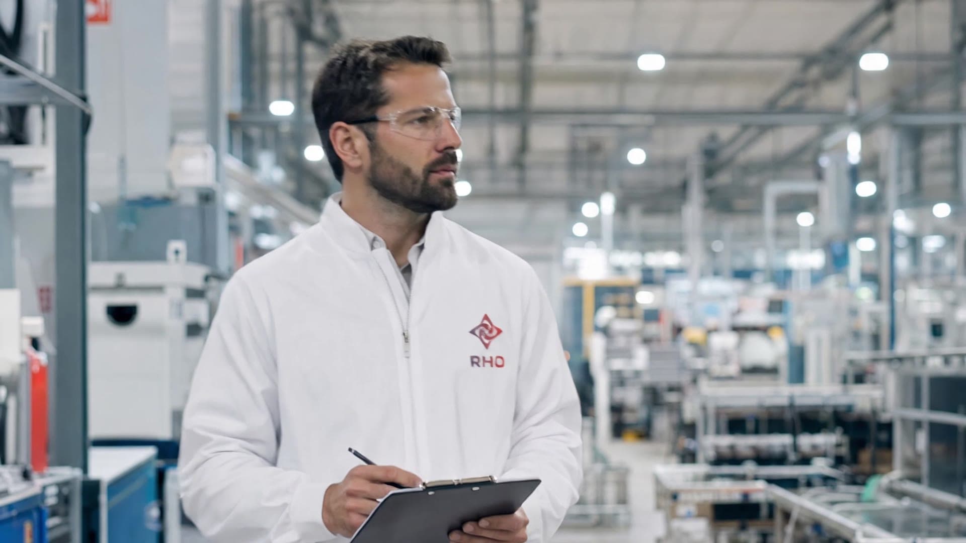 Supervisor in safety glasses taking notes on a clipboard in a production hall