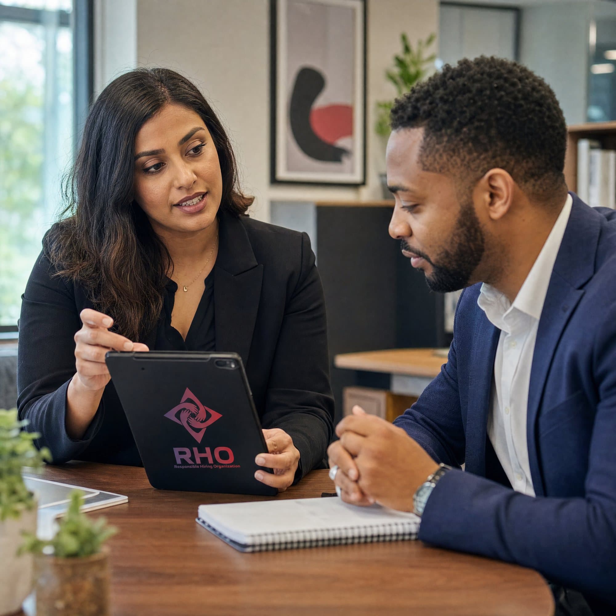 Recruiter going over details on a tablet with a client at a wooden table