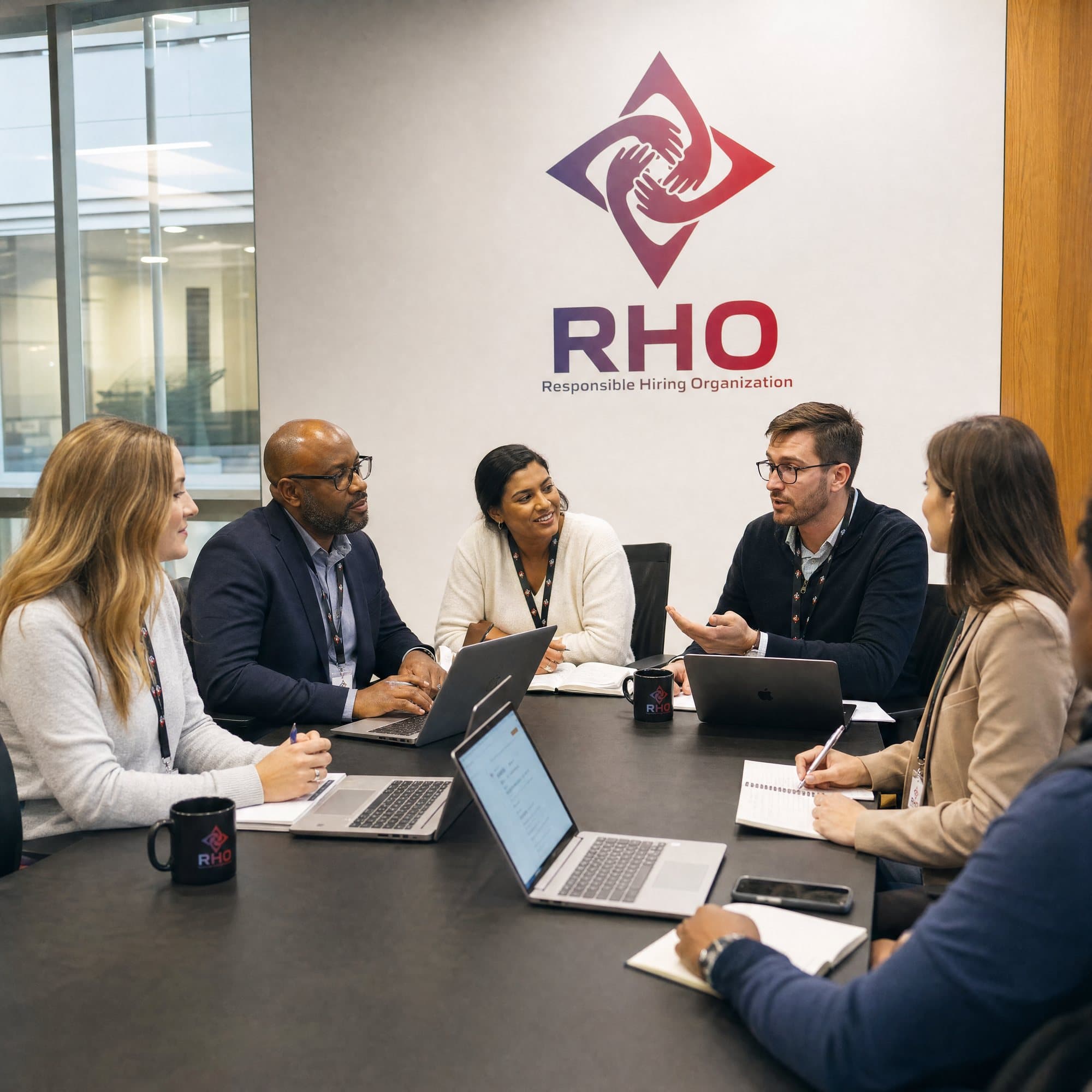 Colleagues meeting around a conference table with laptops and notebooks