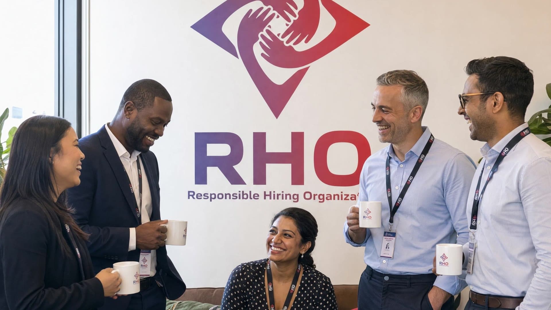 Coworkers holding coffee mugs and laughing together in a bright office