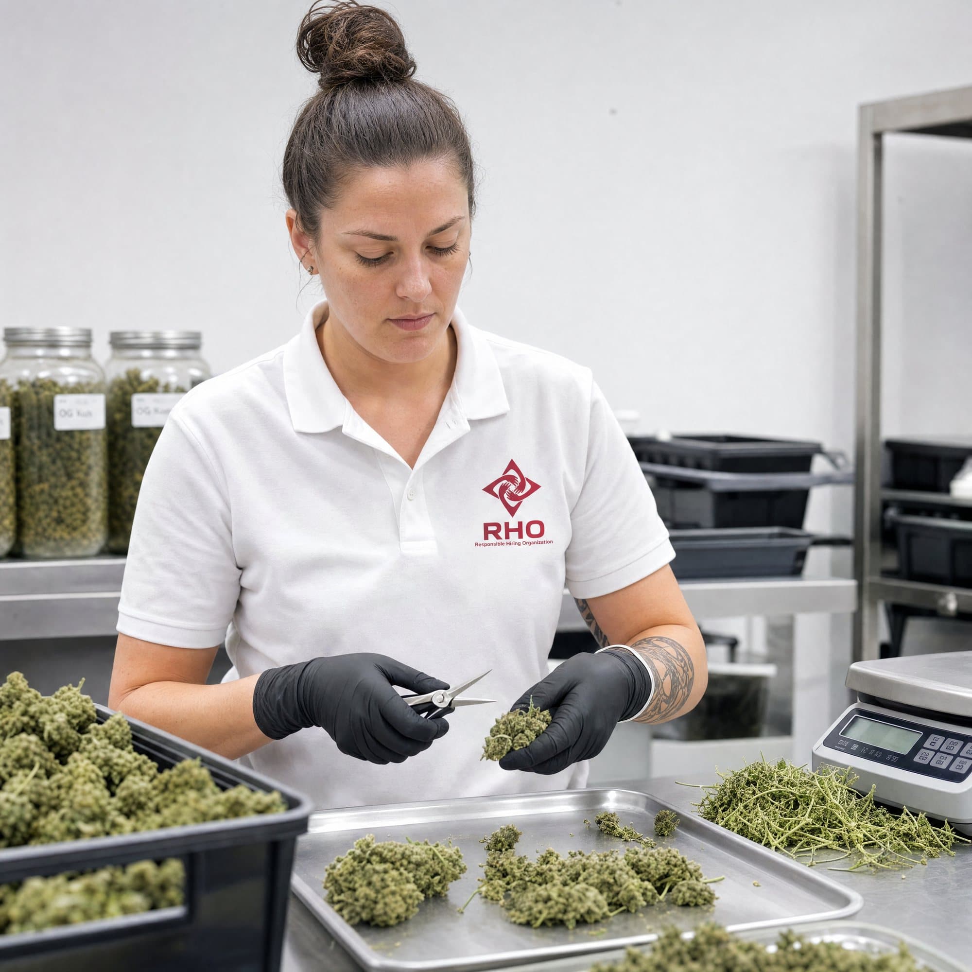 Worker in black gloves trimming cannabis buds over a steel tray beside a scale