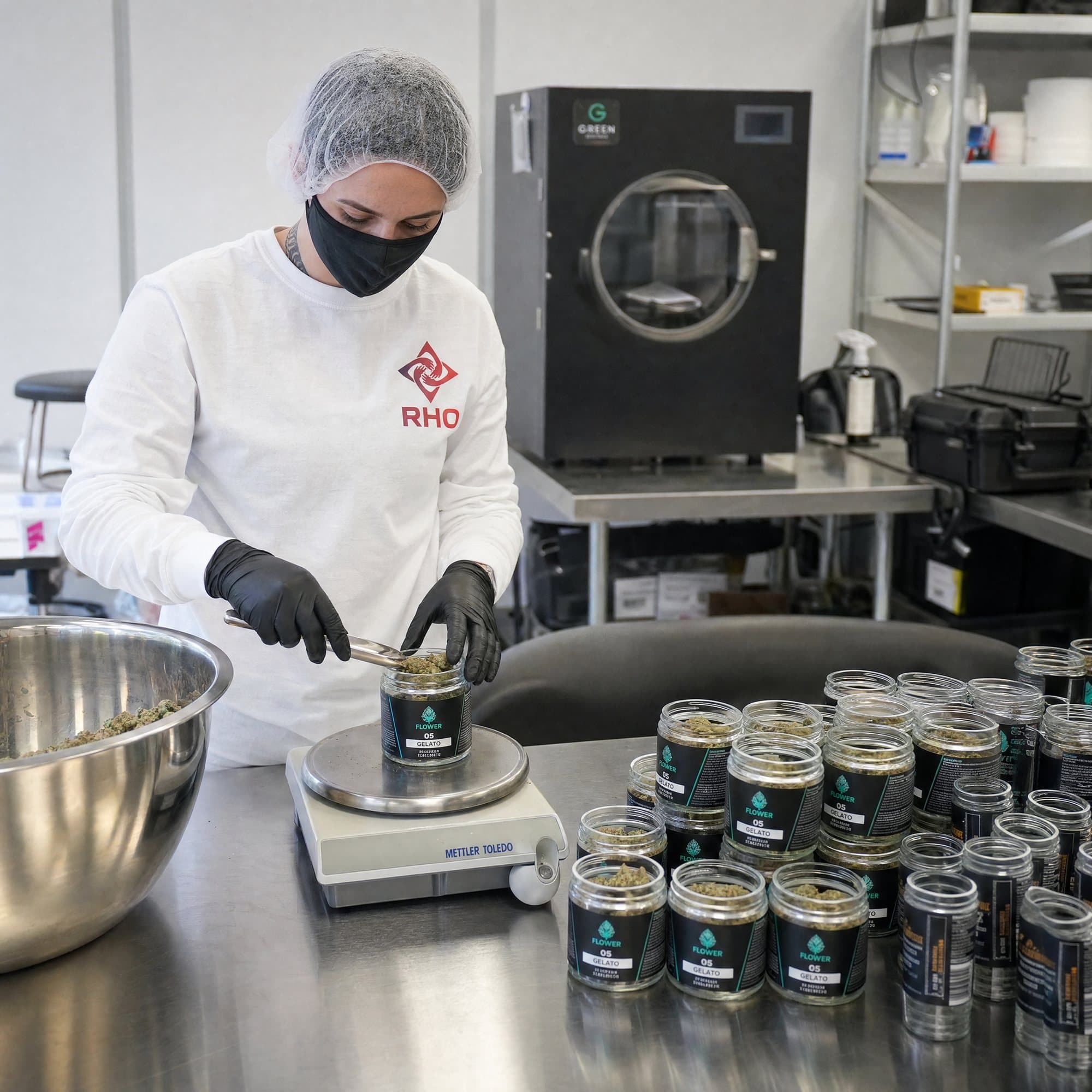 Worker in a hairnet and face mask weighing cannabis flower into jars on a scale