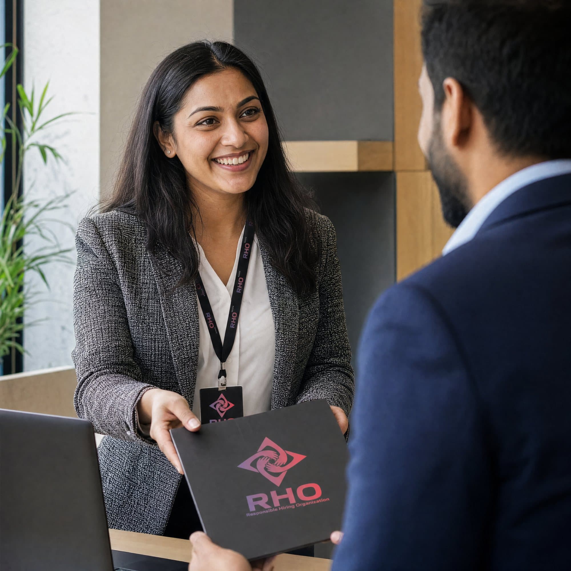 Recruiter handing a welcome folder to a new hire across a desk