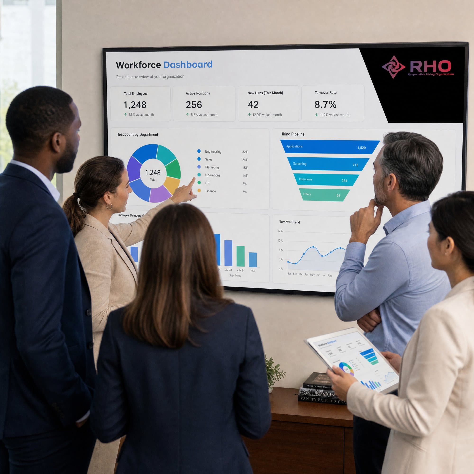 Team reviewing a workforce dashboard of headcount and hiring charts on a wall screen